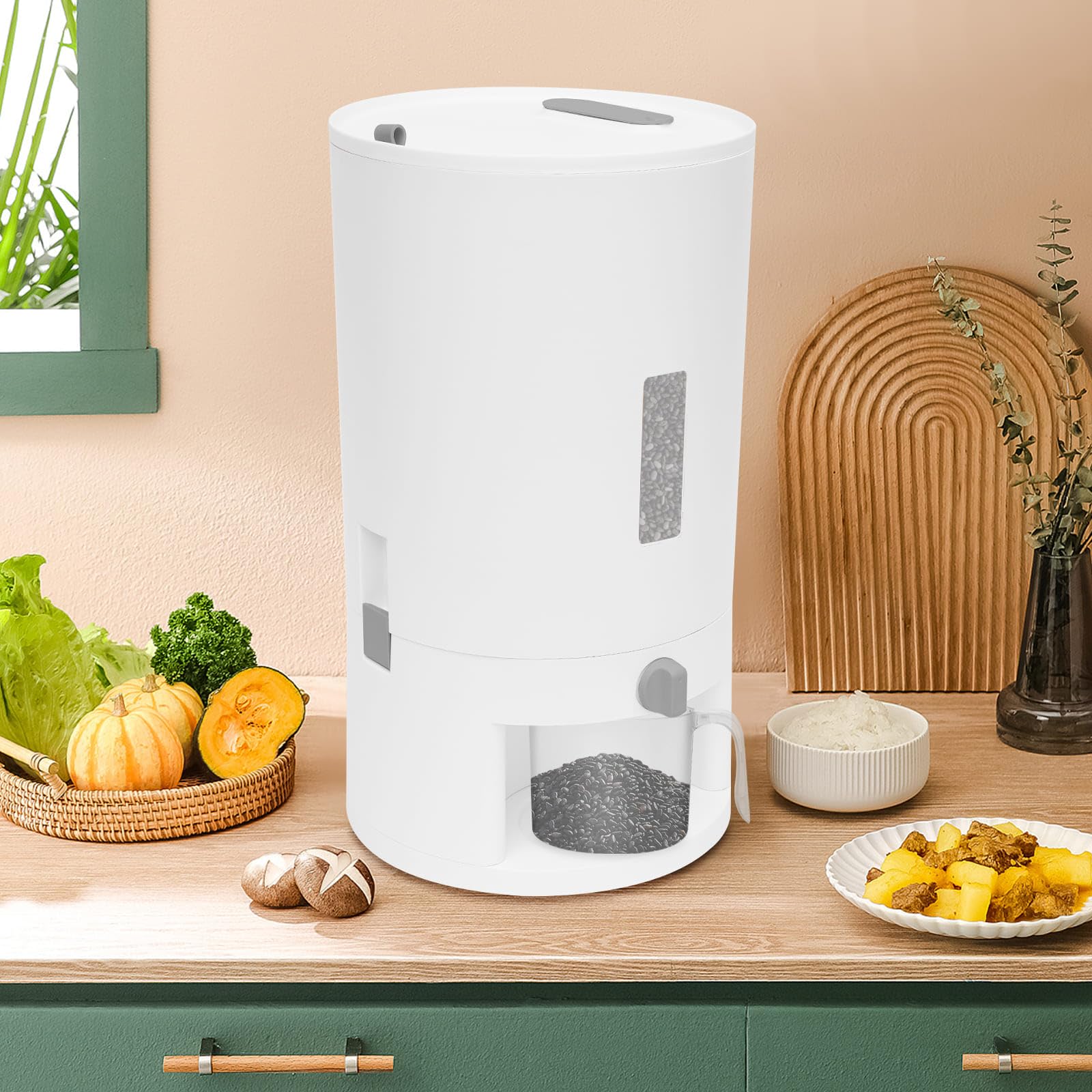 Distributeur de Riz Hermétique 20L, Récipient de Stockage Alimentaire, avec Tasse à Mesurer 500g, Poignée Silicone et Fenêtre de Niveau, Idéal pour Cuisine, Garde-manger et Maison