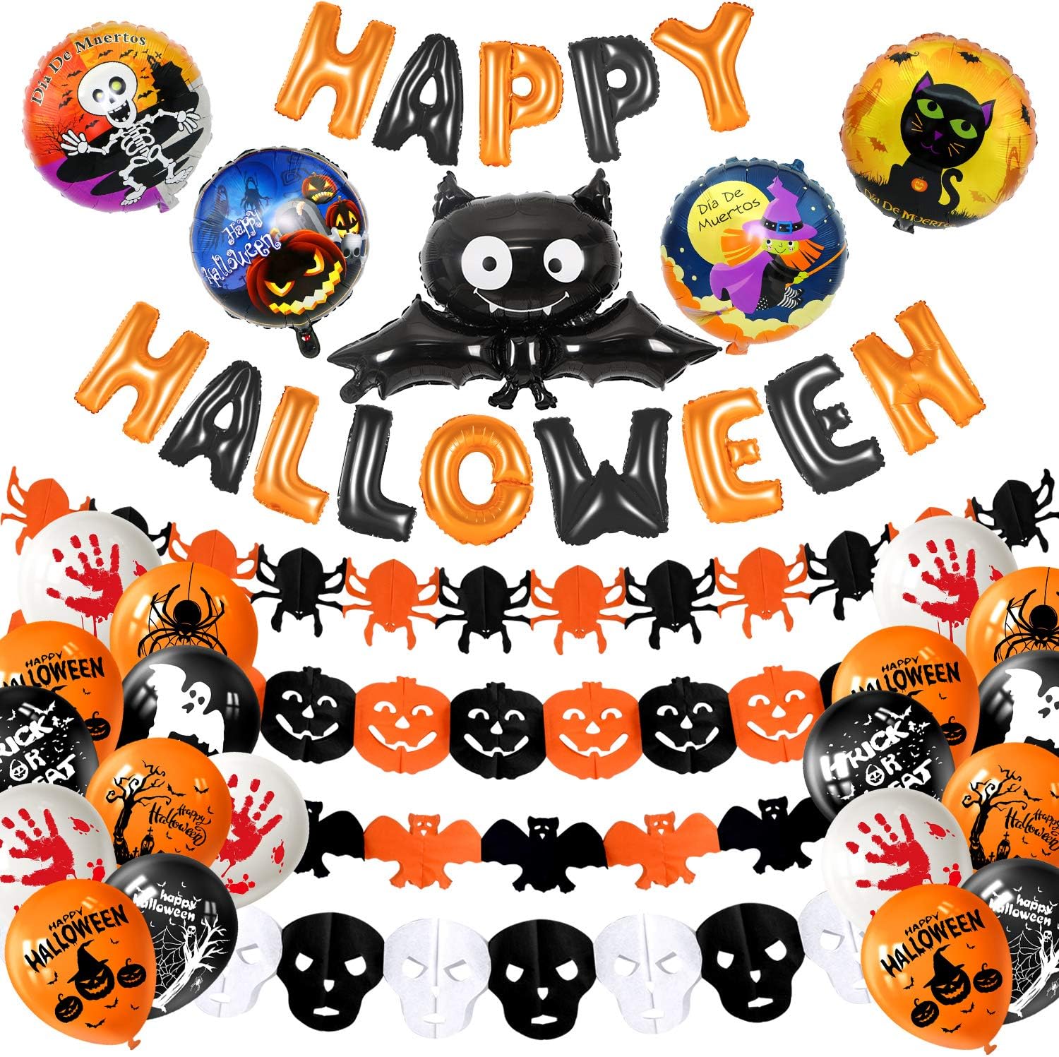 MIAHART Halloween Party Decoration Set Happy Halloween Banner with 4pcs Spider, Bat, Pumpkin Ghost Foil Balloon 4 Pack Halloween Garland and 18 pcs Latex Balloon for Halloween Bar Home Decor Supplies