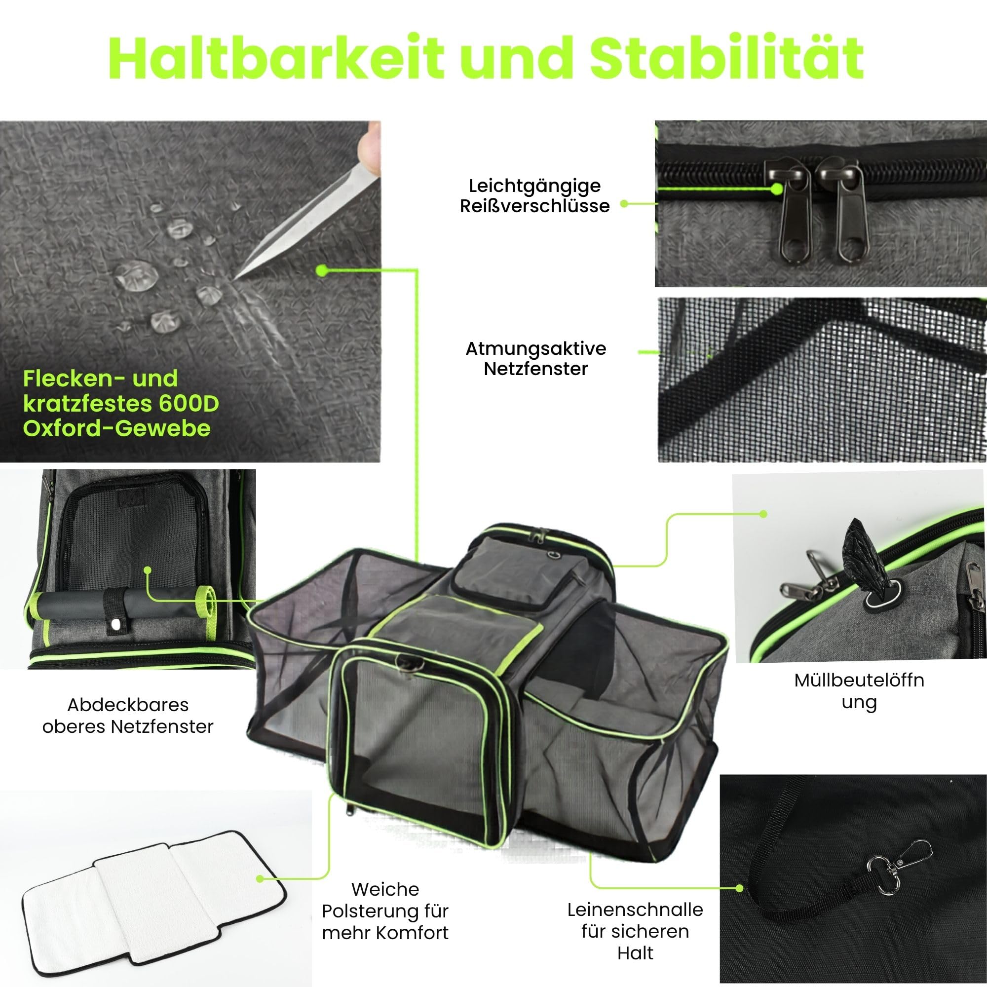 SOLDAY Erweiterbare Katzentransportbox für 2 Katzen, Flugtauglich, 8 kg | Faltbare Katzen Transportboxen, 2-seitige Erweiterung, Multi Eingänge, selbstsichernde Reißverschlüsse, 48x30x31cm, Grau-Grün