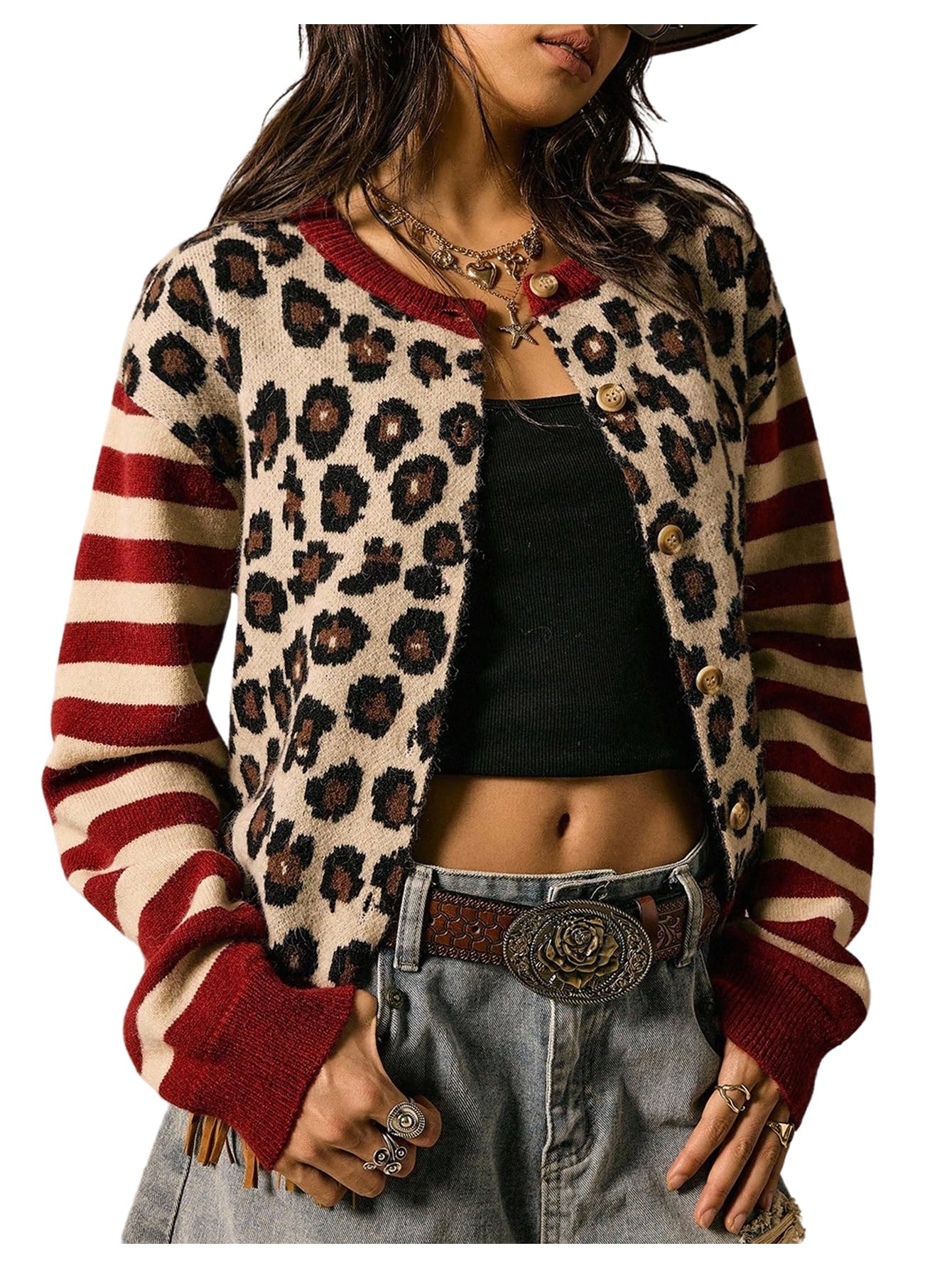 Verdusa Leopard Cardigan for Women Striped Cheetah Print Button Down Sweaters Long Sleeve Color Block Knitted Outwear