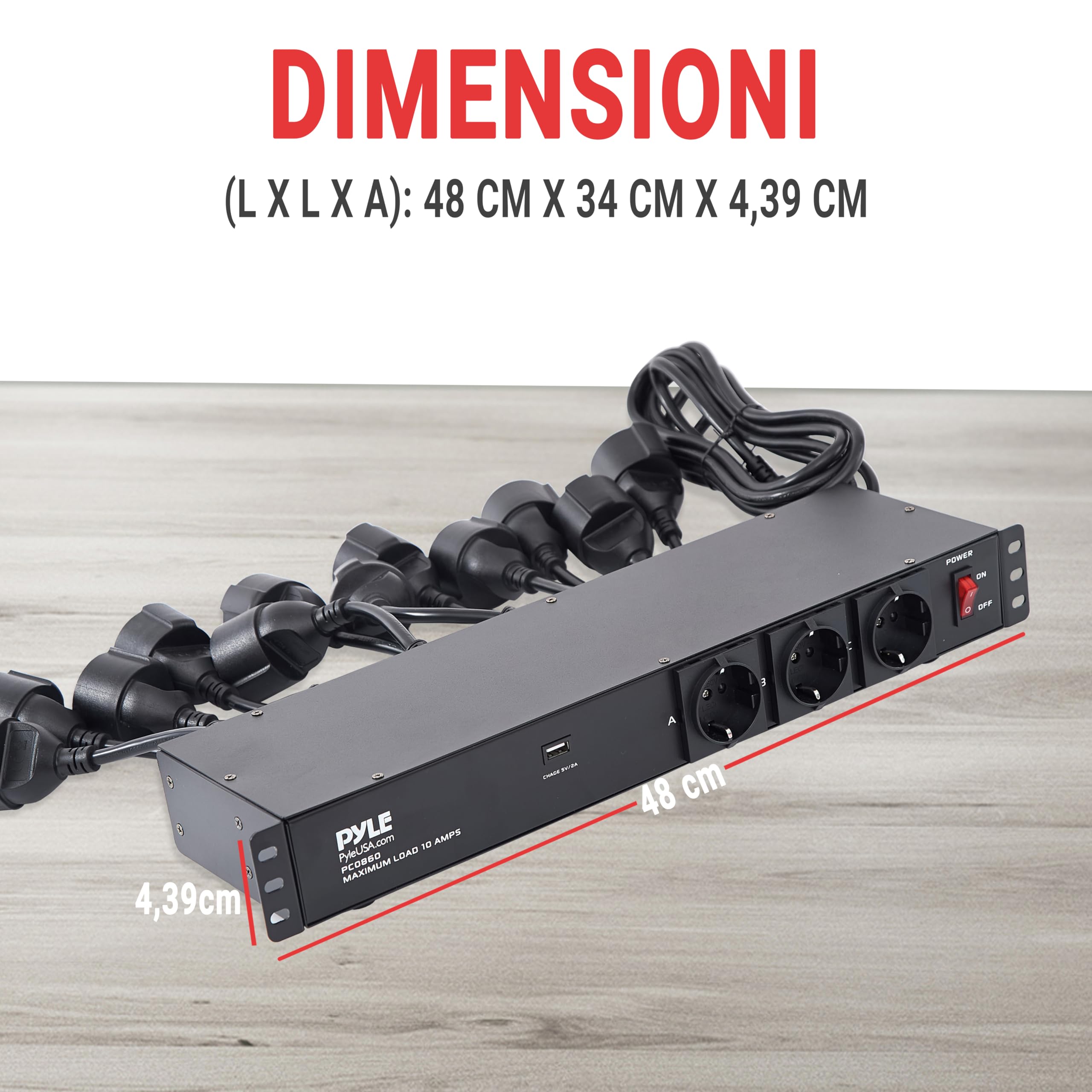 Pyle Multipresa Rack 1U da 48,26 cm con 12 Prese, Distribuzione Elettrica Affidabile per Studio, Ufficio e Montaggio su Rack