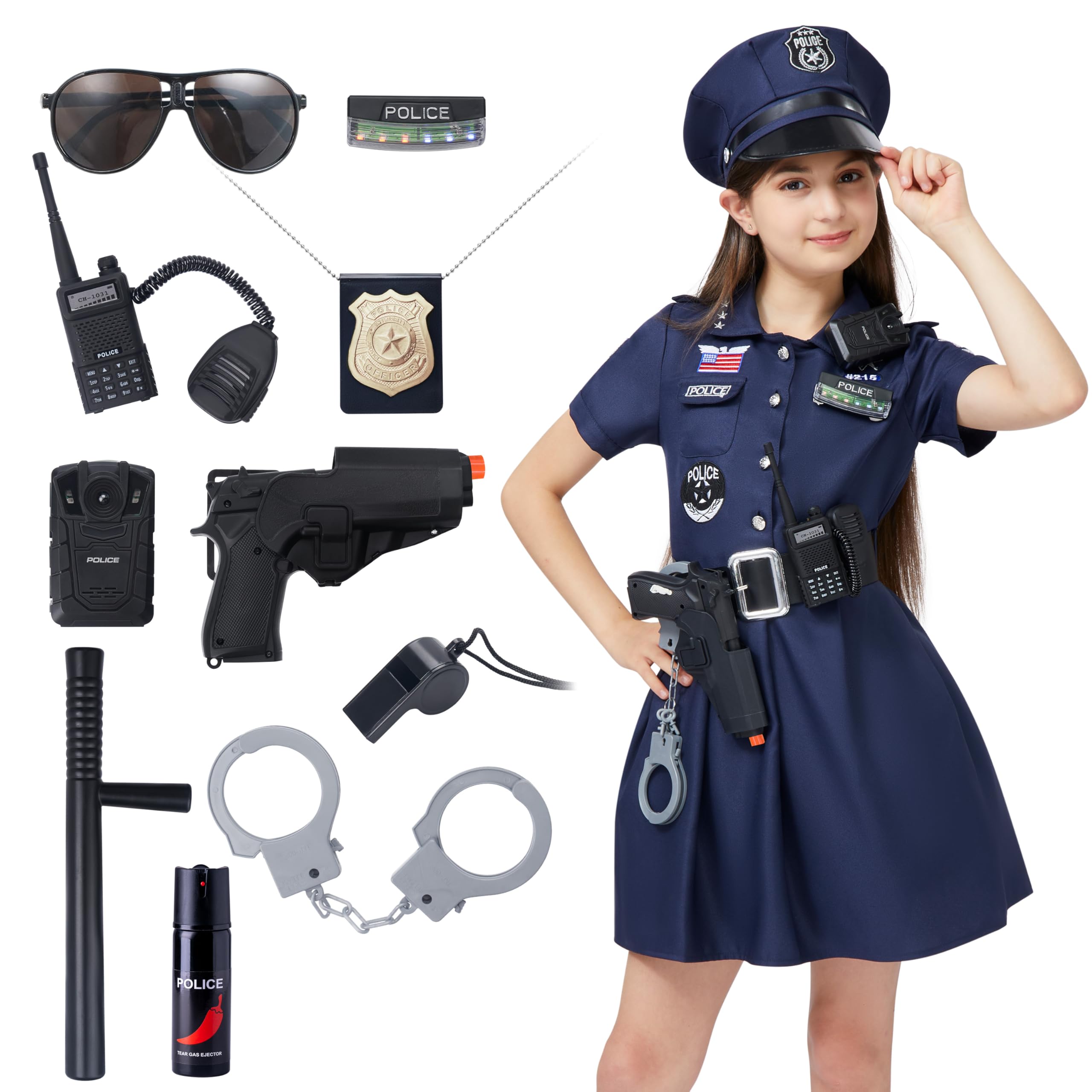 Spooktacular Creations Police Officer Costume for Girls — Kids Police Costume Cop Dress Outfit Set for Theme Parties (Medium, 8-10 Years)