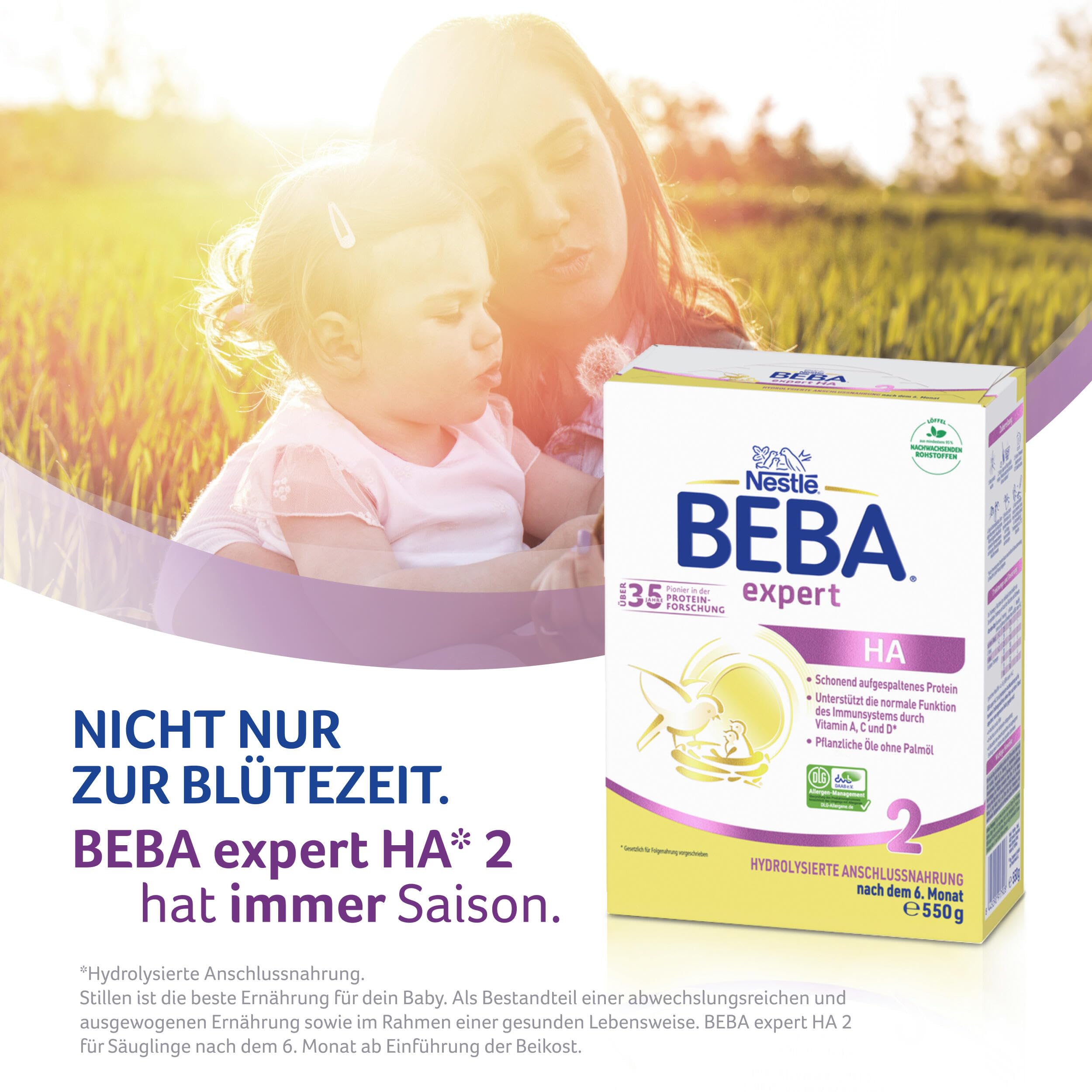 BEBA expert HA 2 - Folgemilch nach dem 6. Monat, Hydrolysierte Anschlussnahrung, Patentierets Produkt, Nur Laktose, Ohne Palmöl, Ohne Fischöl, Babynahrung, Baby-Milchpulver, 6er Pack (6 x 550g)