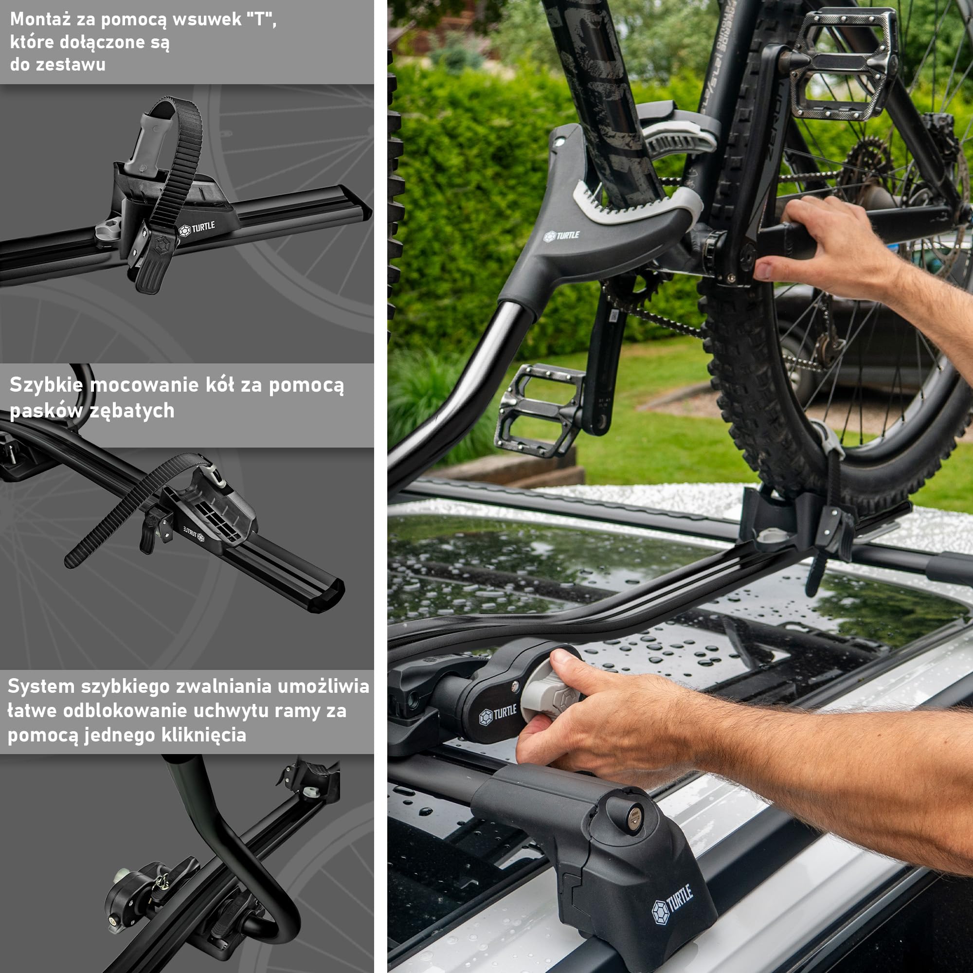 Turtle Pro-S | Bagażnik Rowerowy, Dachowy Stelaż Rowerowy, Uniwersalny Uchwyt Rowerowy na Dach Samochodu, Zamykany | Obciążenie do 20kg, | Lekka i Wytrzymała Konstrukcja z Aluminium | Czarny