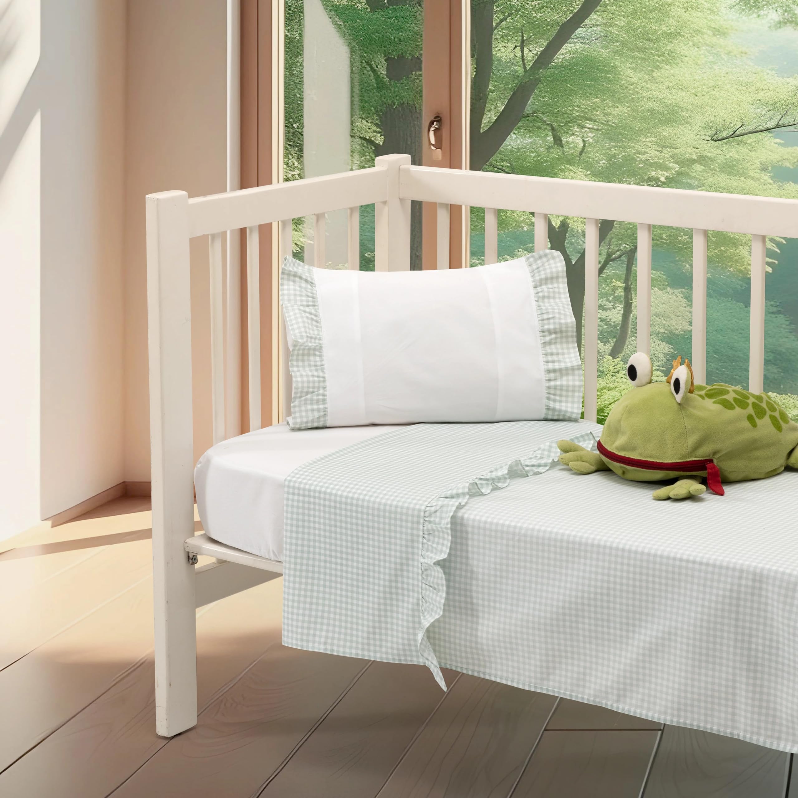 Sábanas Cuna Vichy con Volante Verde - - 100% Algodón de Percal - 200 Hilos - Cuadrado de Vichy - 3 Piezas - Fabricado en Portugal
