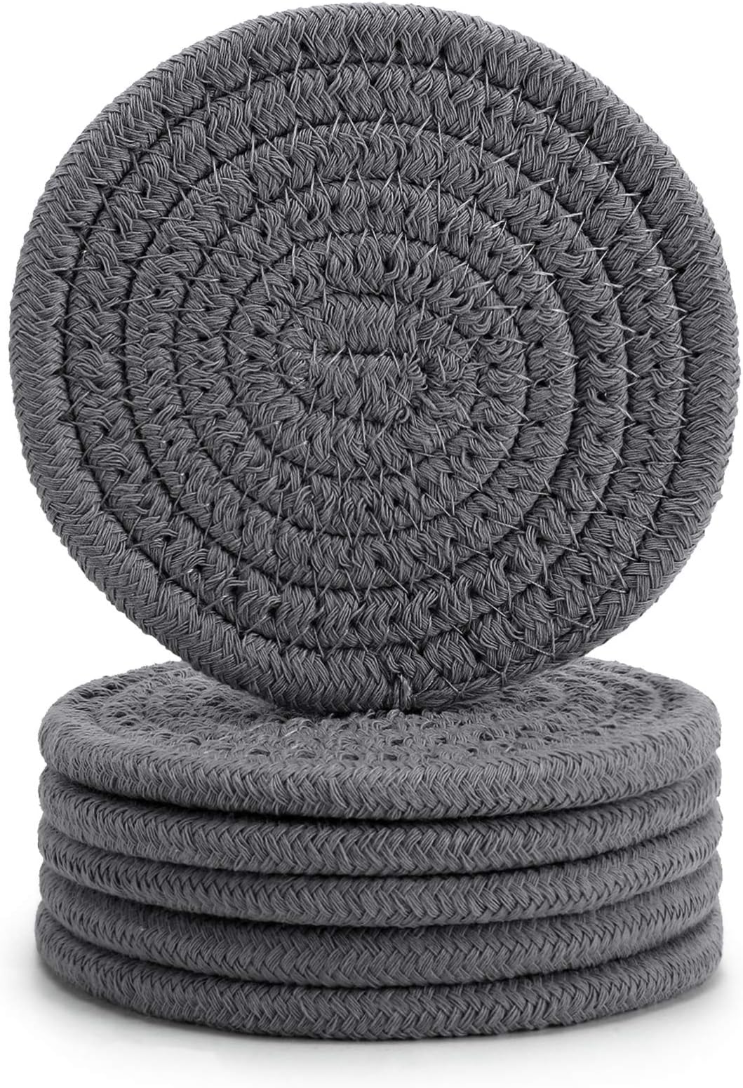 ABenkle 6Pcs Coasters for Drinks, Stylish Handmade Braided Woven Drink Coasters (4.3inch), 100% Cotton Super Absorbent Heat-Resistant Round Coasters, Great Housewarming Gift(Dark Grey)