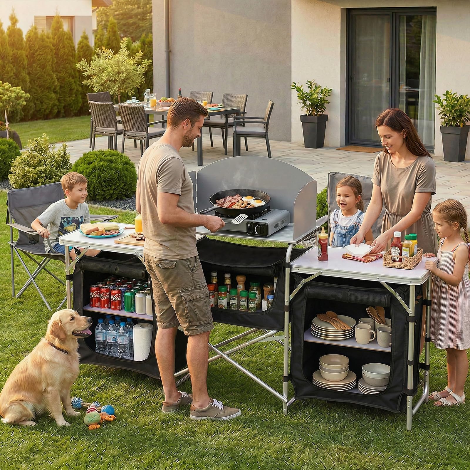 Sekey Campingküche Faltbar, Campingschrank mit Arbeitsplatte und Staufächern, Outdoor Küchenschrank mit Aluminiumgestell, Ink. Tragetasche, Mobile Schränke für Outdoorküche, Vorzelt, Wohnwagen