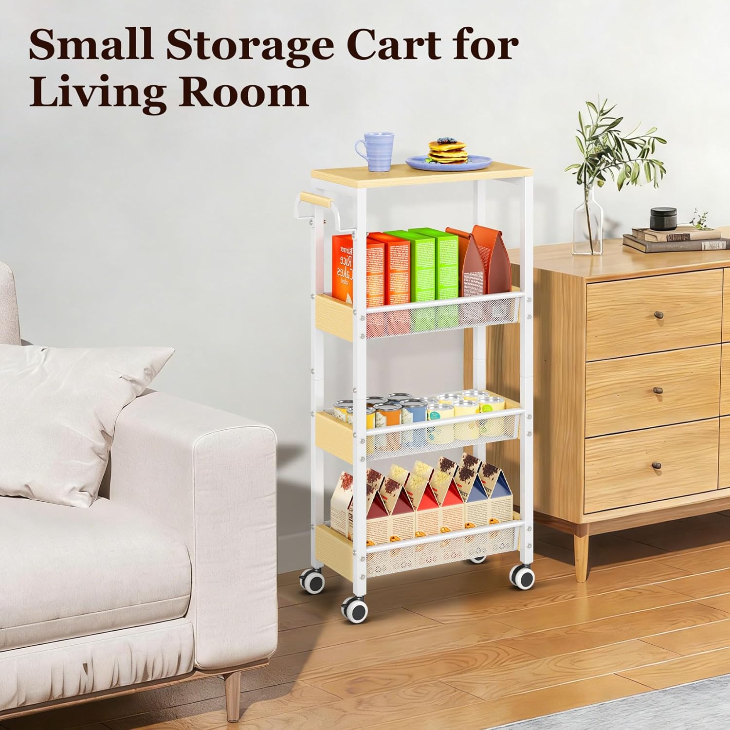 4 Tier Home Gym Storage Rack with Wheels, Yoga Mat Rack Small Dumbbell Weight Rack, Multi-Functional Wood Metal Gym Equipment Storage Rack Workout Cart for Women Kettlebell Fitness Organizer
