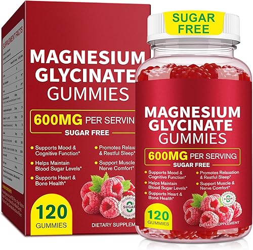 Gomitas de glicinato de magnesio de 600 mg  Magnesio de alta absorción sin azúcar con L-treonato, apoya la relajación, calma y sueño reparador, con