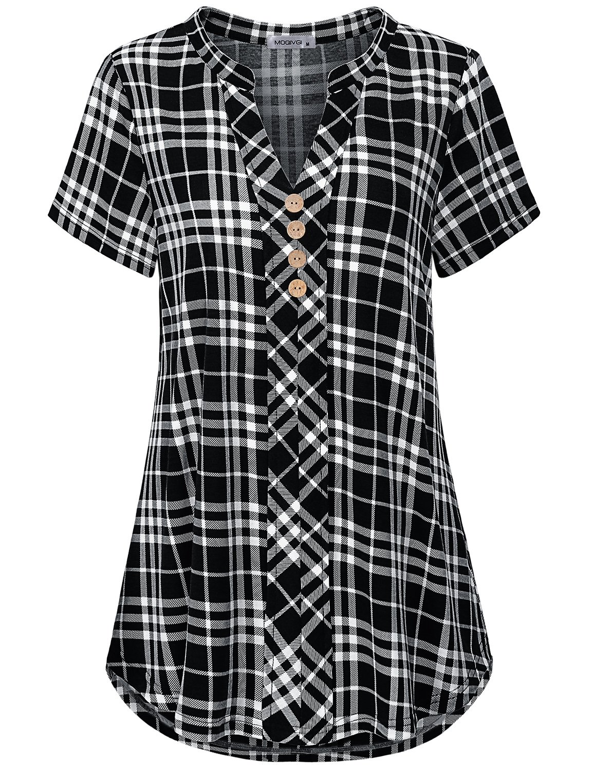 MOQIVGI Womens Notch Neck Short Sleeve Plaid Shirts Checkered Blouse Tops