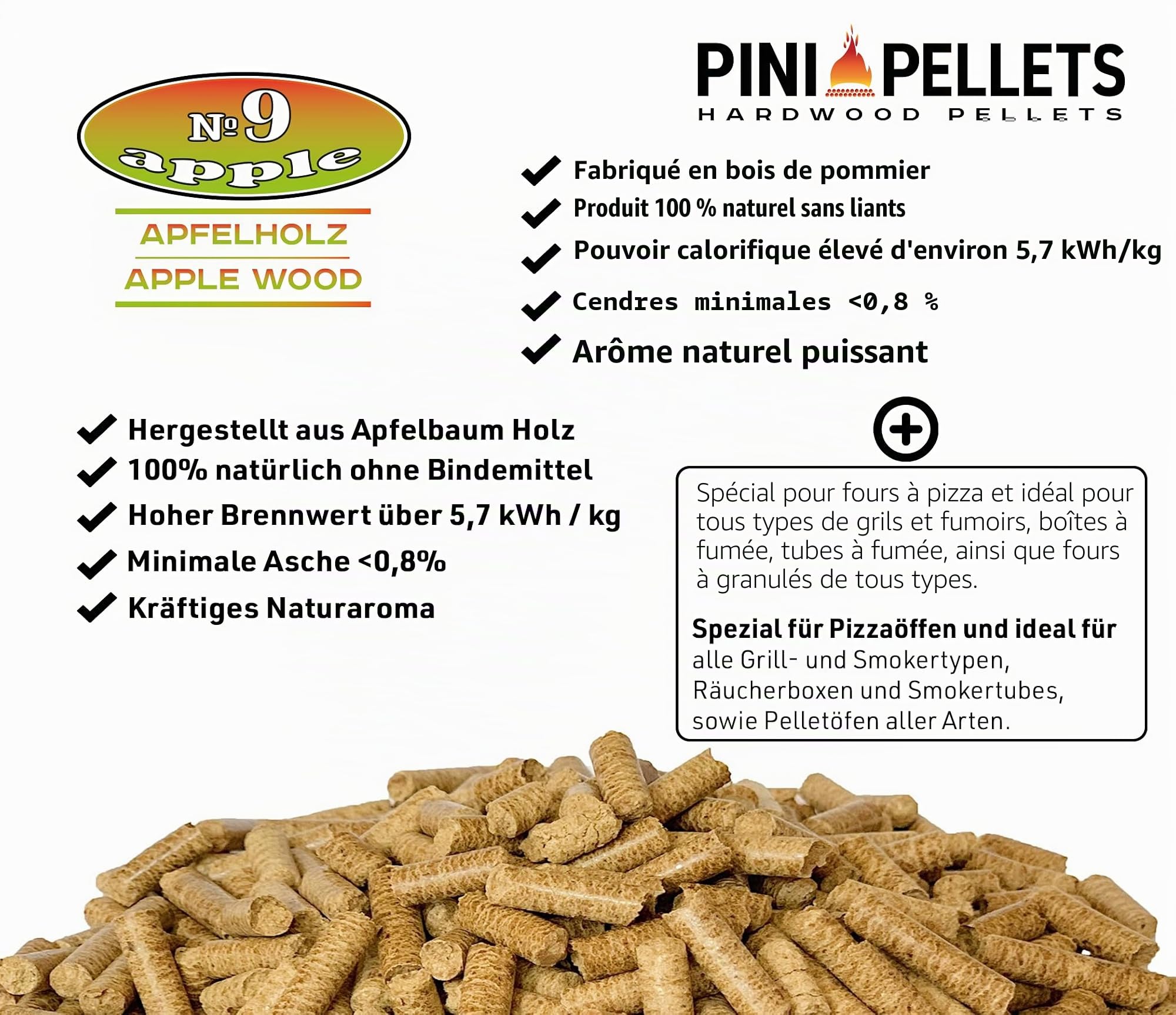 PINI Granulés de barbecue №9 Pomme 10 kg Granulés de bois dur pour griller, fumer