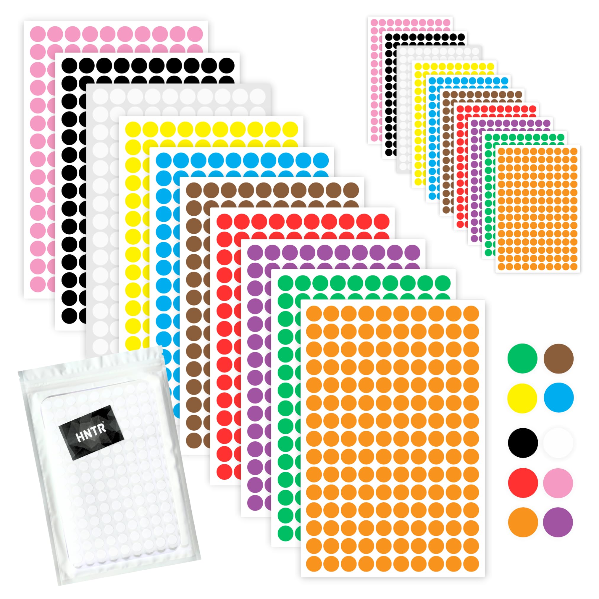 HNTR® Round Sticky Dots | 3000 Dot Stickers | 10mm Round Sticky Labels | 10 Colours | Coloured Circle Stickers for Colour Coding and Organisation | Upgraded Packaging