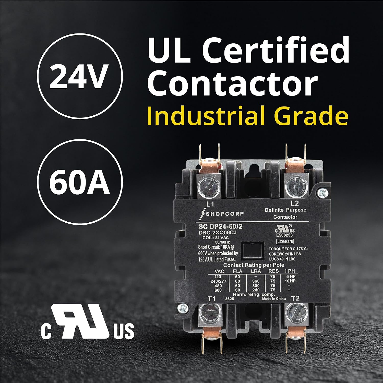AC Contactor 60 Amp 75 RES 2 Pole Contactor 24v Coil – Definite Purpose (DP) UL Listed for HVAC Contactor, Refrigeration & Heat Pump