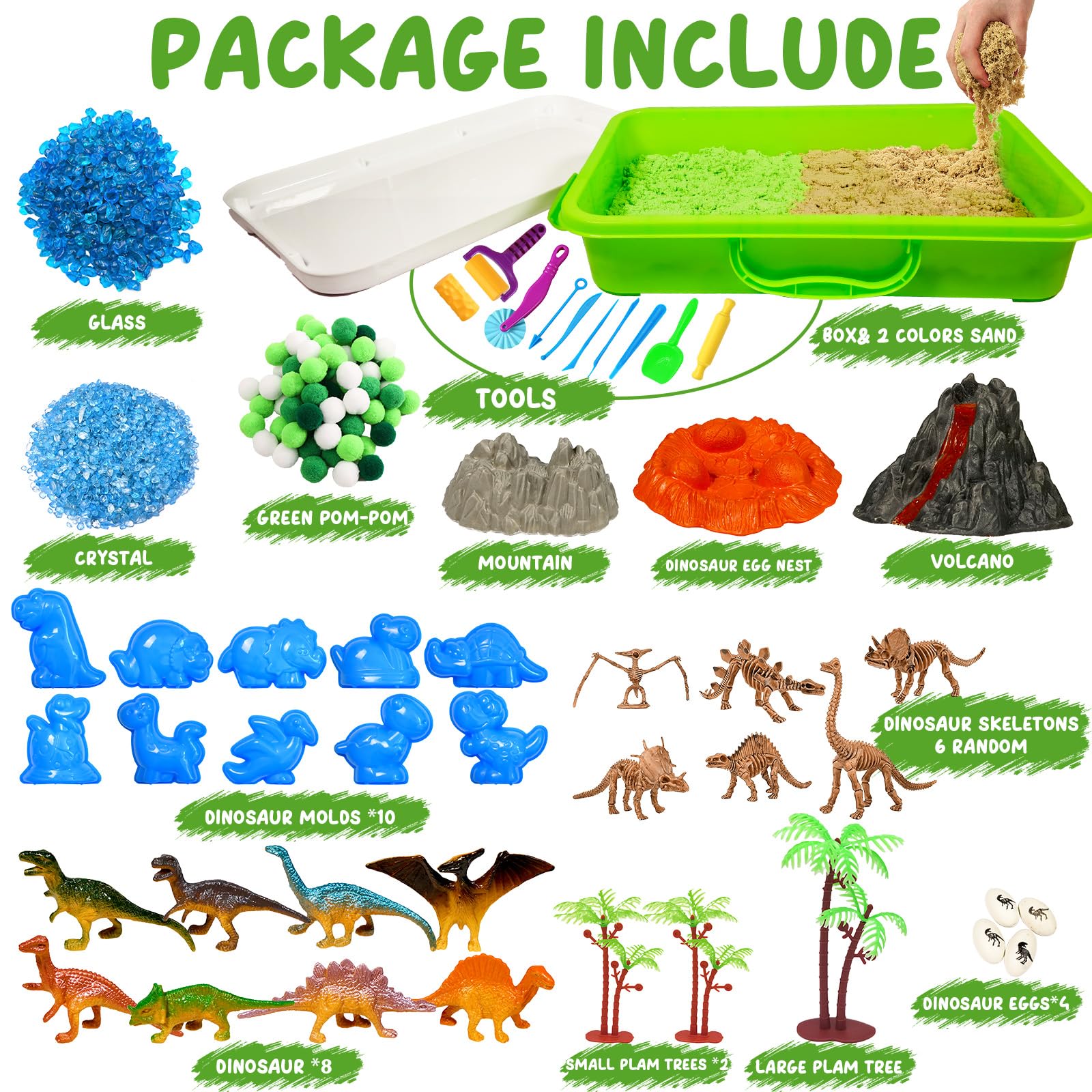 Bbiamsleep Dinosaur Sensory Bin, 147 Pcs Dinosaurs Sand Kit with Sandbox 2.2 lbs Color Sensory Sand 10 Dinosaur Mould 9 Tools Dinosaur Sensory Bin Fillers for Birthday Party
