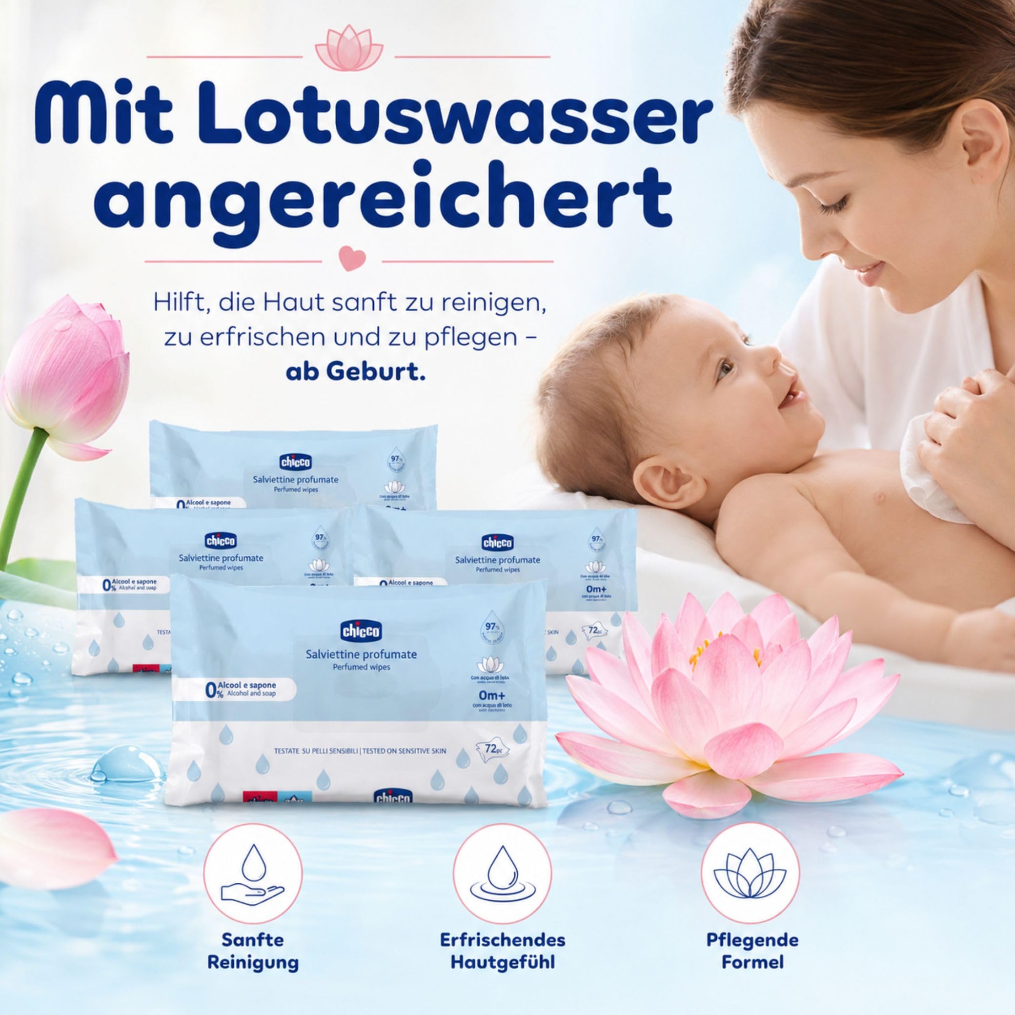 Chicco Feuchttücher Multipack, Set Windel Blaubär | Kinderhaus Blaubär: ohne Alkohol & Seife, mit Lotuswasser, für empfindliche Haut, 72 Tücher