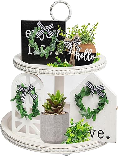 Miniatura 10 de GenMous - Bandeja escalonada con cuentas y 4 piezas de decoración de bandeja escalonada para decoración del hogar de granja, soporte de bandeja de