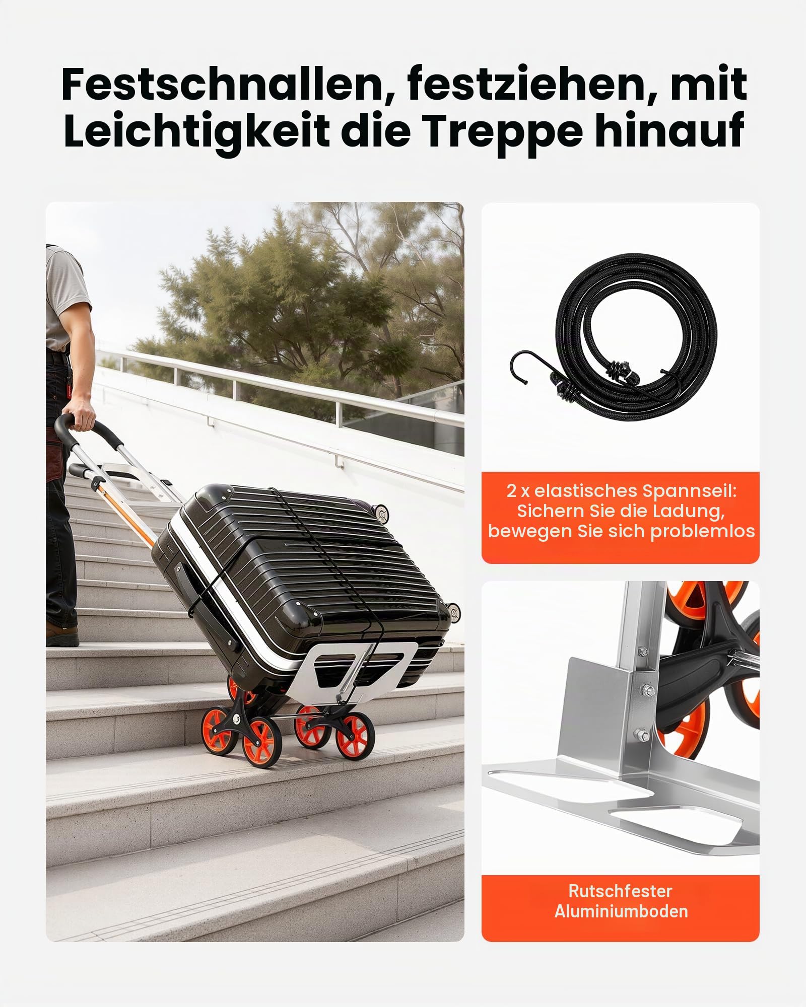 VEVOR Treppensackkarre Klappbar, Sackkarre 150 kg Tragkraft, Treppensteiger aus Aluminiumlegierung mit Teleskopgriff, 6 Rädern & 2 Spanngurten, Stapelkarre für Haushalt, Einkauf & Lager