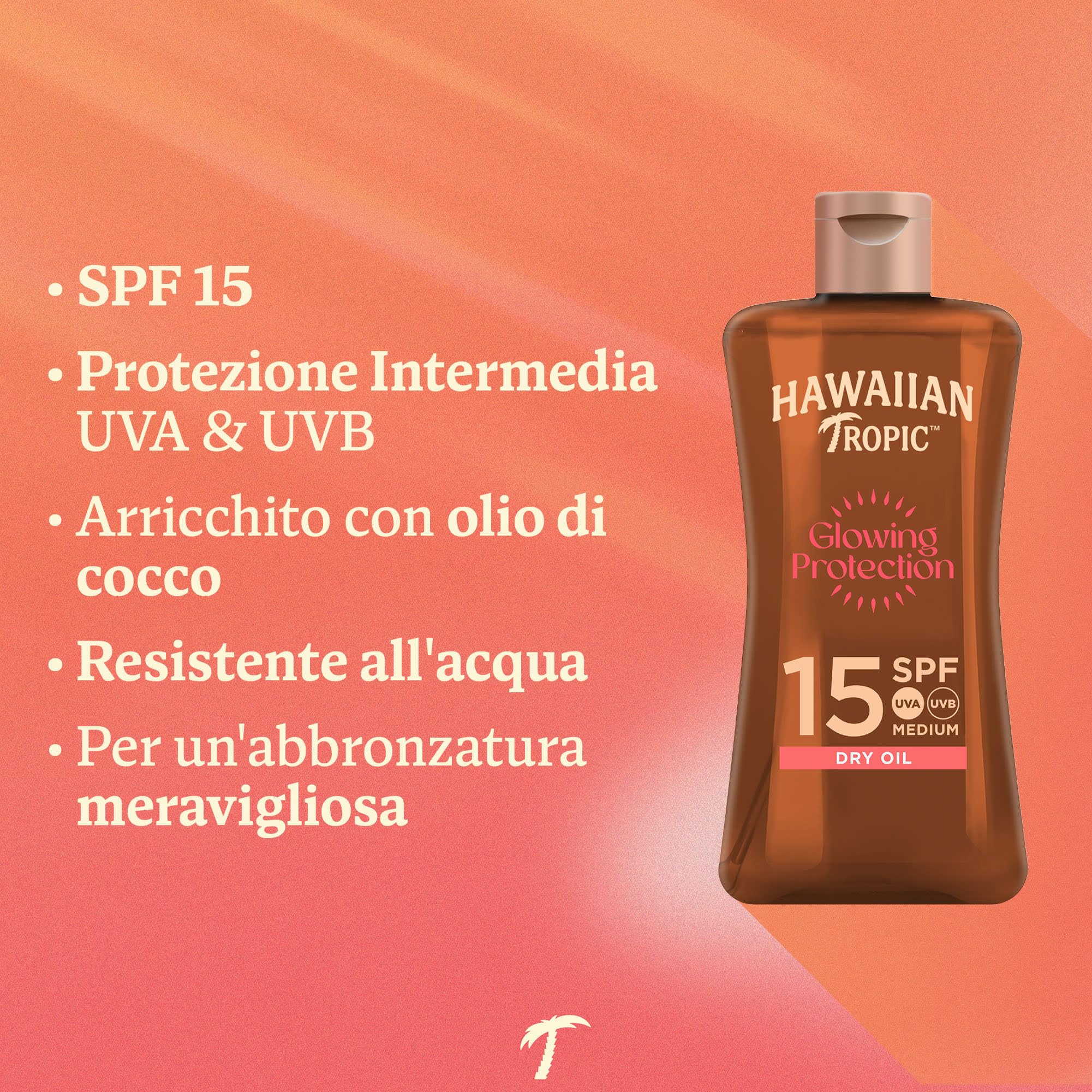 Hawaiian Tropic | Glowing Protection Olio Secco SPF 15, Formato da Viaggio, Profumazione Tropicale, con Burro di Karité, Resistente all'Acqua, Vegano