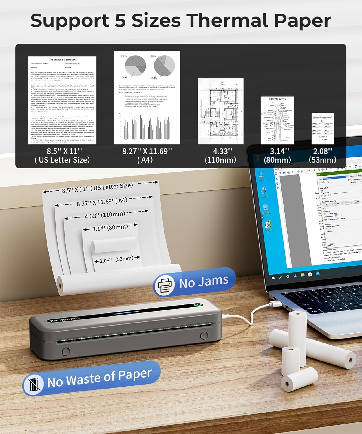 Phomemo M832 printer showing various paper sizes it supports