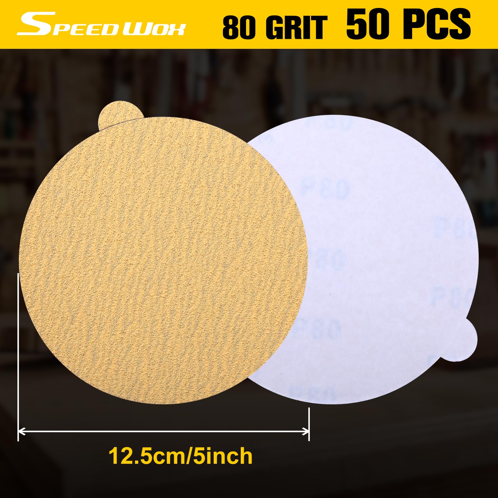 SPEEDWOX 50PCS 5" Gold PSA disques de ponçage 80 Grit auto-adhésif disques de papier de ponçage pour DA Sander Gold PSA disques de ponçage pour ponçage peinture de voiture automobile travail du bois