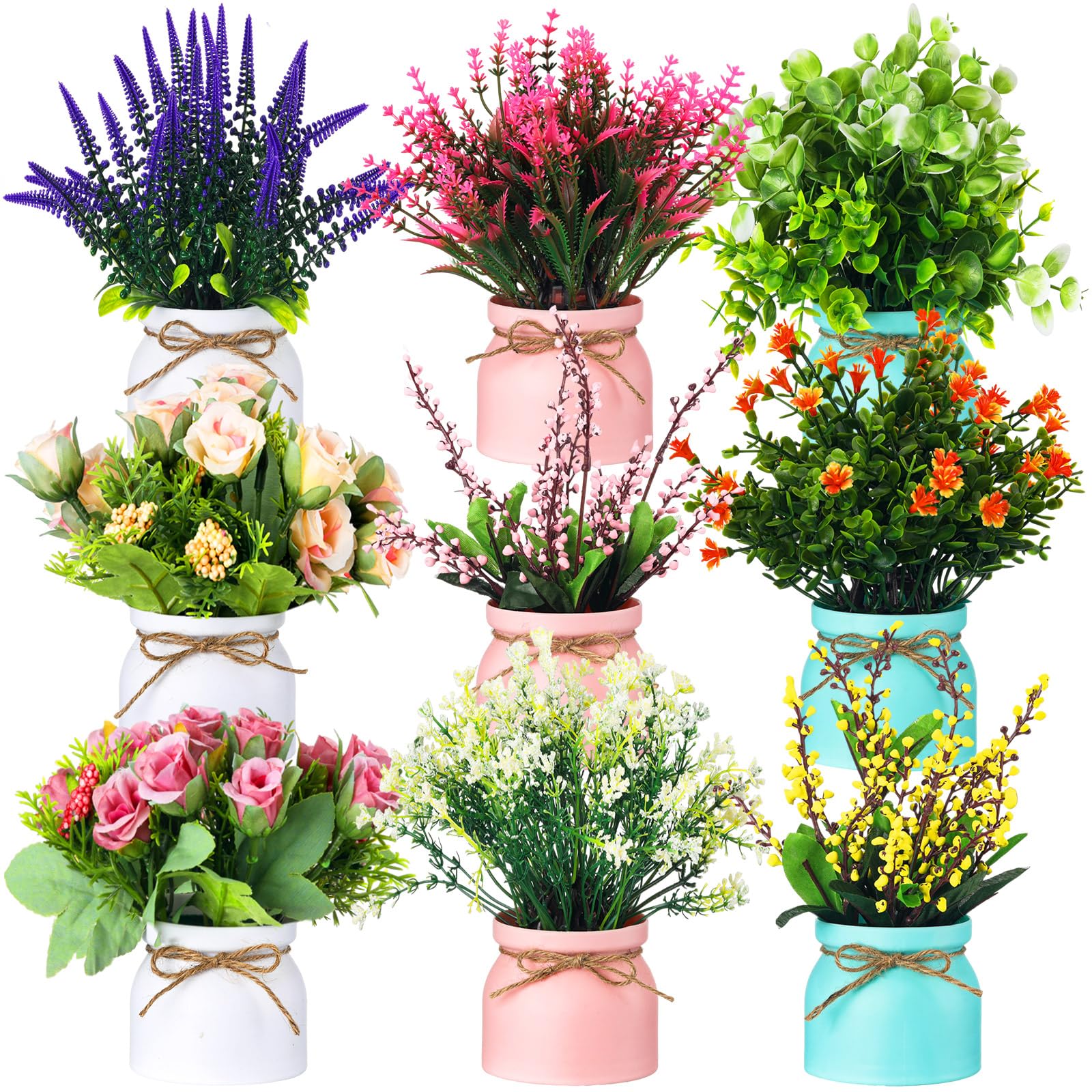 Solsew 9 Pcs Artificial Pot Flowers Small Fake Plants in Vase Artificial Faux Potted Plants with Flowers Tabletop Faux Spring Centerpiece for Wedding