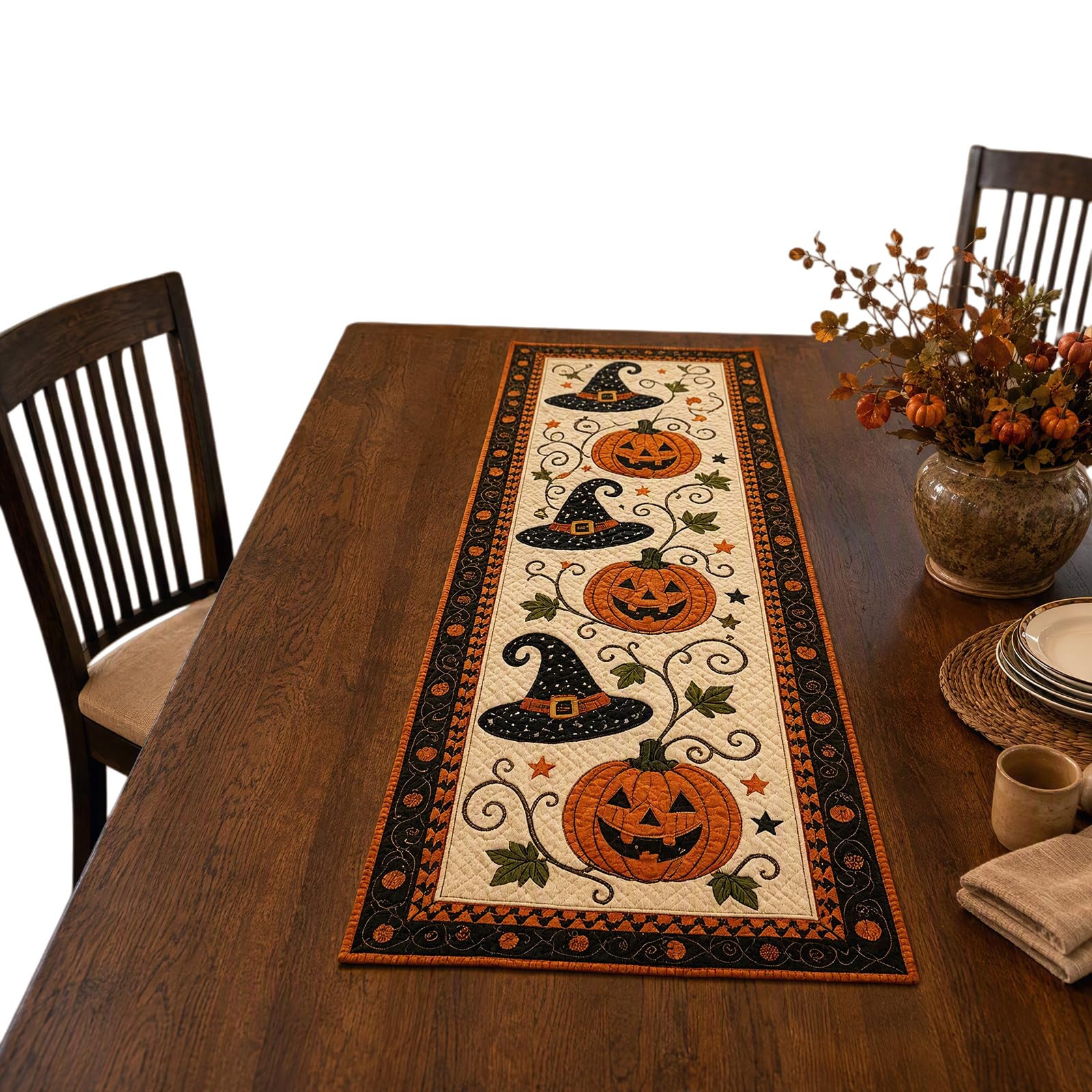 Fall Halloween Quilted Table Runner, Pumpkin Farmhouse Dining Decor