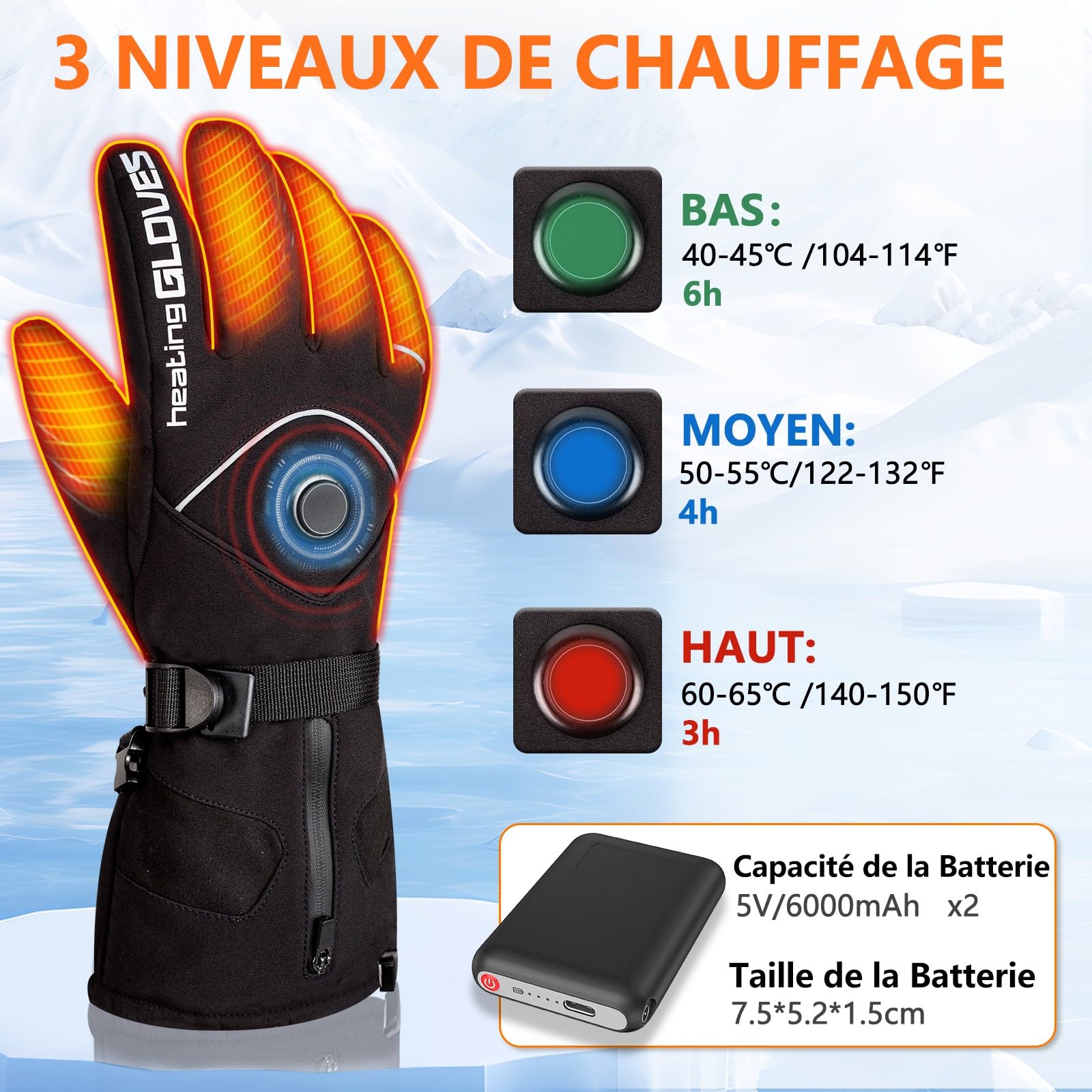 Gants Chauffants Homme Femme avec 2x5V 6000mAh Batteries, Gant Chauffant Moto à 3 Niveaux, Charge de Type C, Imperméables, Gants Tactiles pour Le Ski, la Randonnée et Le Cyclisme