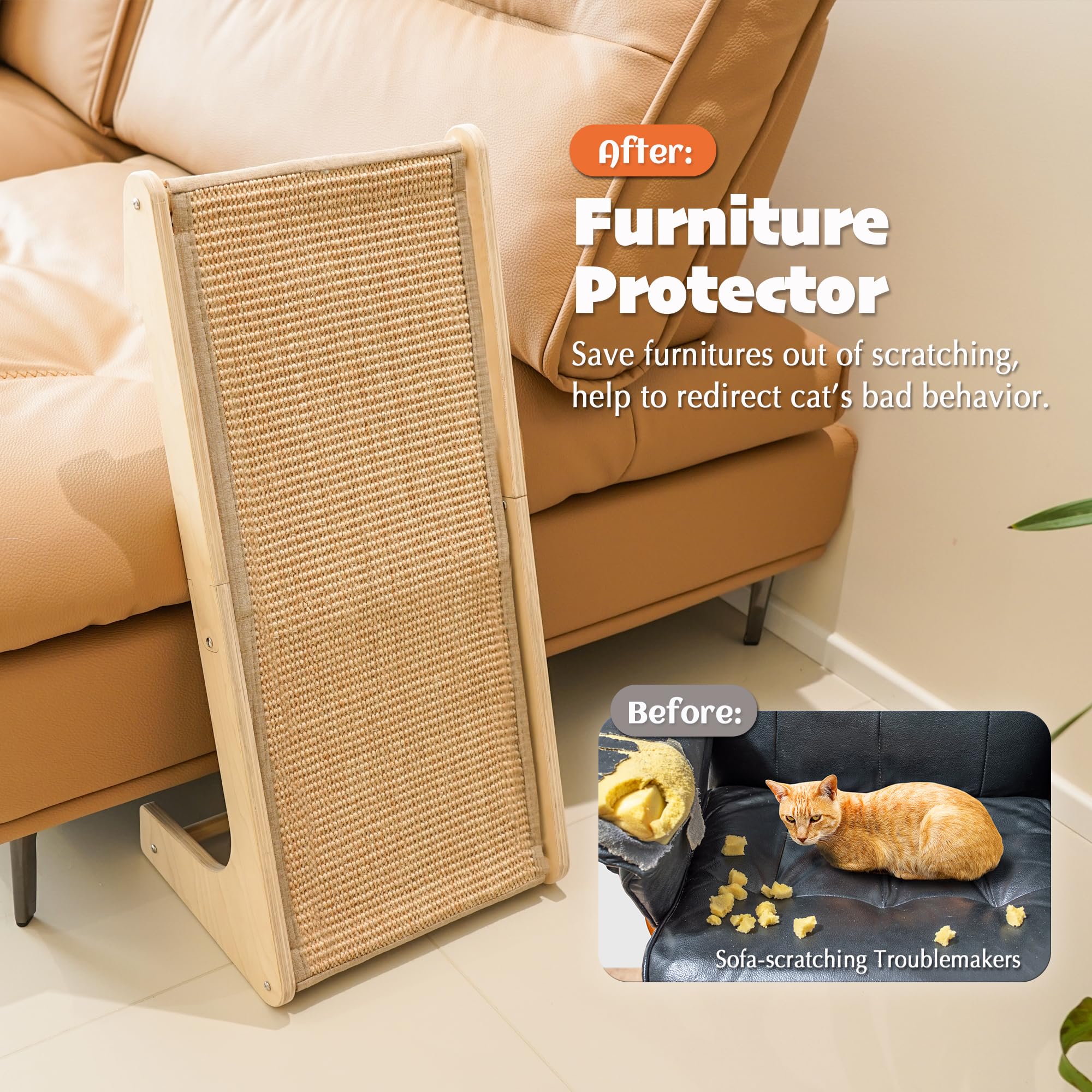 PETKARAY Rampa rascadora de sisal para gatos, poste rascador en forma de L y almohadilla para arañazos para gatos de interior, protector de muebles de pared (grande)
