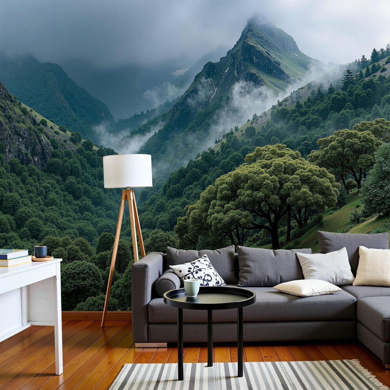Photo wallpaper Forest in Valley Natural Mist Landscape Non-woven Modern Wall Living Room Bedroom Dark Green XXL Wall Decor Motif Wallpaper, 300cm x 210cm Stickers - Frameless Painting - Poster