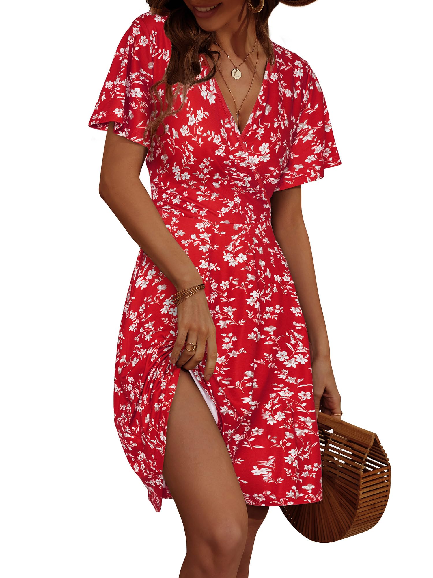 FENSACE Womens Sundress Summer Floral Short Sleeve Wrap V Neck A-Line Midi Dress