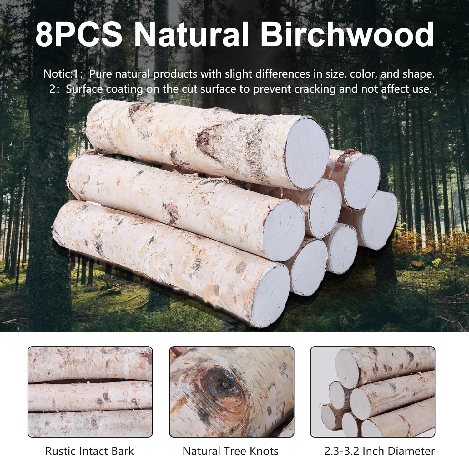 8 Pack Birch Logs for Fireplace Decor Crafts Versatile Unfinished Wood Gas Fireplace Logs: 2.3"-3.2" Dia. x 16.5" Long