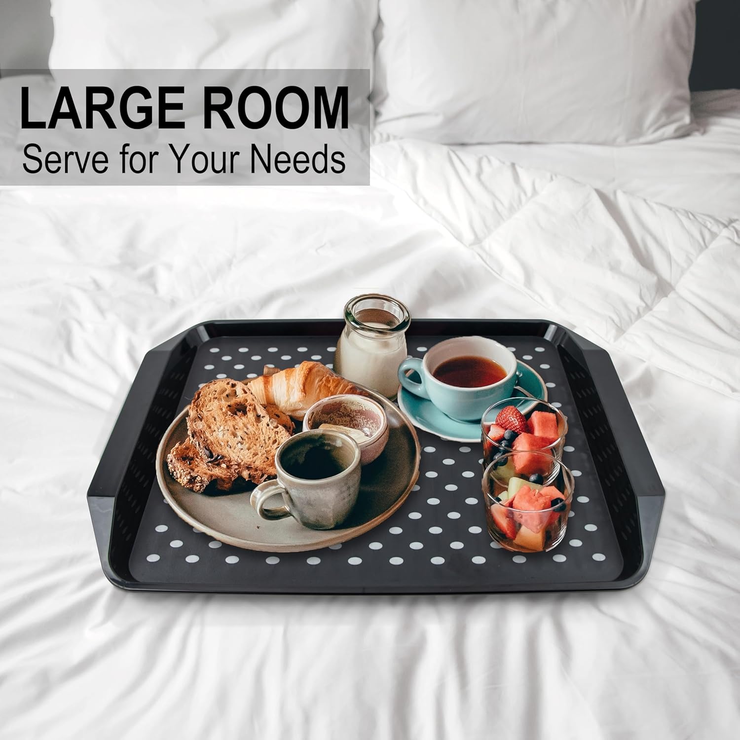 KAQAHIDO Large Non Slip Serving Tray with Grippy Dots, TV Lap Trays for Eating on Couch, Meal Serve for Dinner Breakfast, Rectangular Food Carrying for Plates, Glasses, Dishes, Set of 2, Black