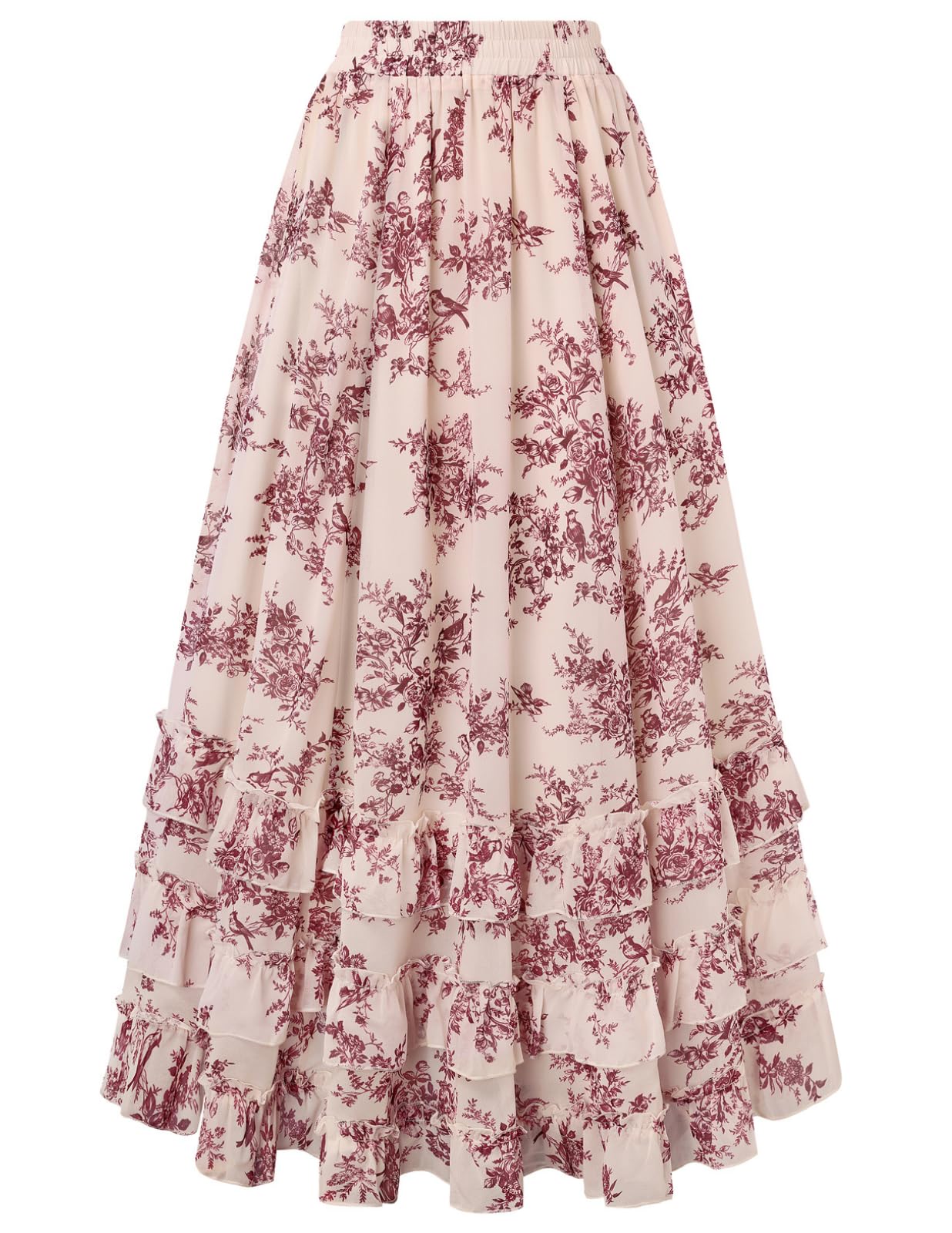 SCARLET DARKNESS Damen Maxi Röcke Blumen Chiffon Viktorianisches Elastisch Hohe Taille Fließend Rüsche Langer Rock mit Taschen