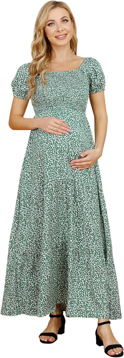 Maternity Dress Square Neck Puff Short Sleeve Smocked Floral Maxi Dress Photoshoot Baby Shower Pregnancy Dresses