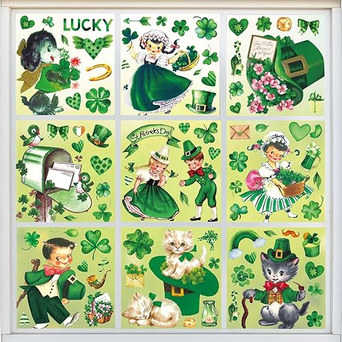 9 hojas de calcomanías vintage del día de San Patricio para ventana, acuarela, trébol verde, trébol verde, reutilizables, para fiesta irlandesa,