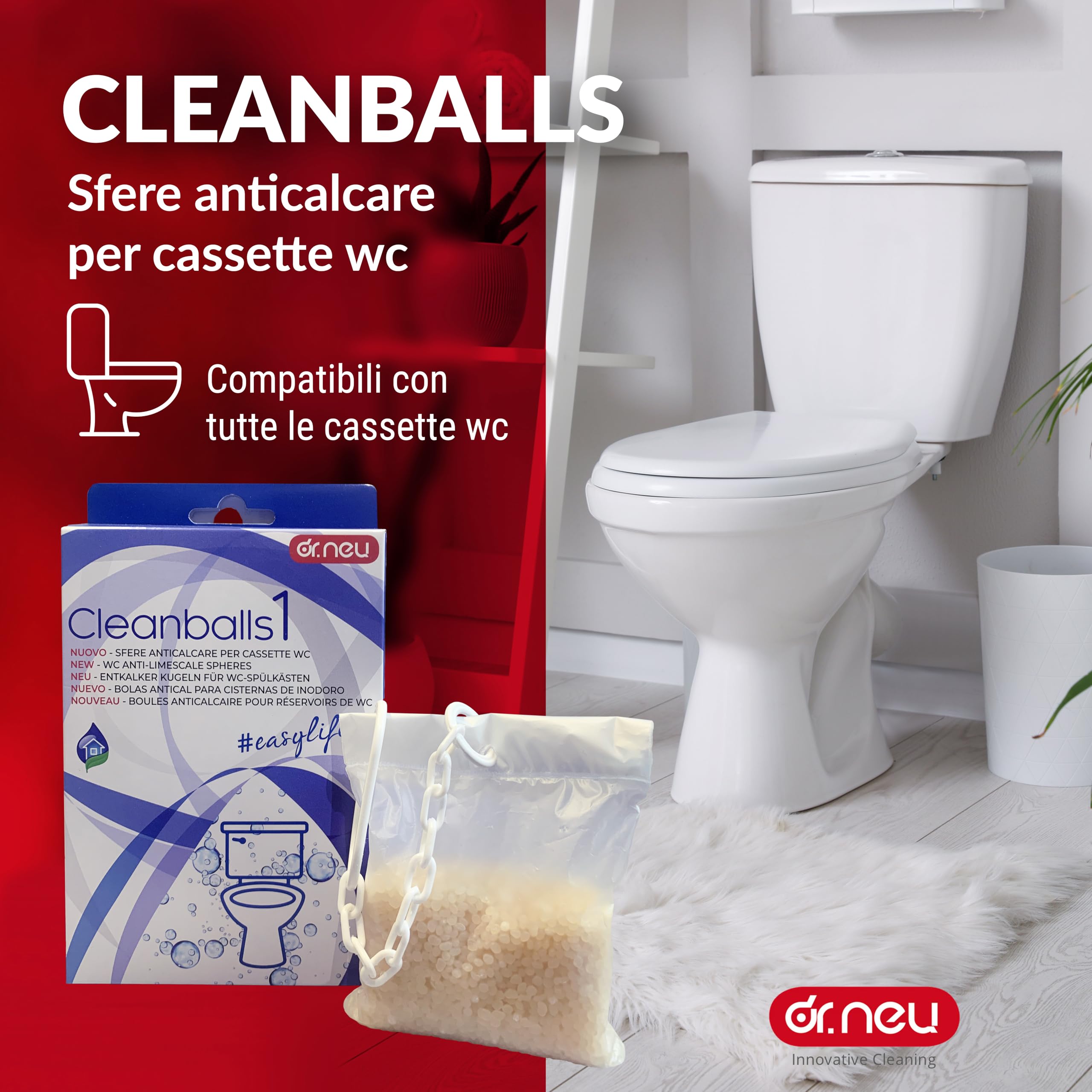 DR. NEU - Sfere Anticalcare per Cassetta WC Esterna e da Incasso Cleanballs, Previene Naturalmente Calcare e Incrostazioni, Facile Montaggio, Durata 6 Mesi - Pulizia Bagno Sicura per Fossa Biologica