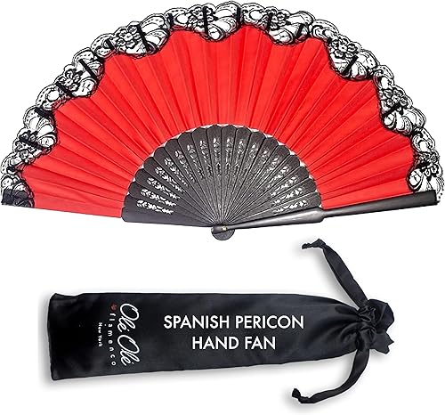 Ole Ole Flamenco Abanico de mano español Pericon con encaje rojo y negro Gran Abanico de baile flamenco de mano plegable de madera fabricado en