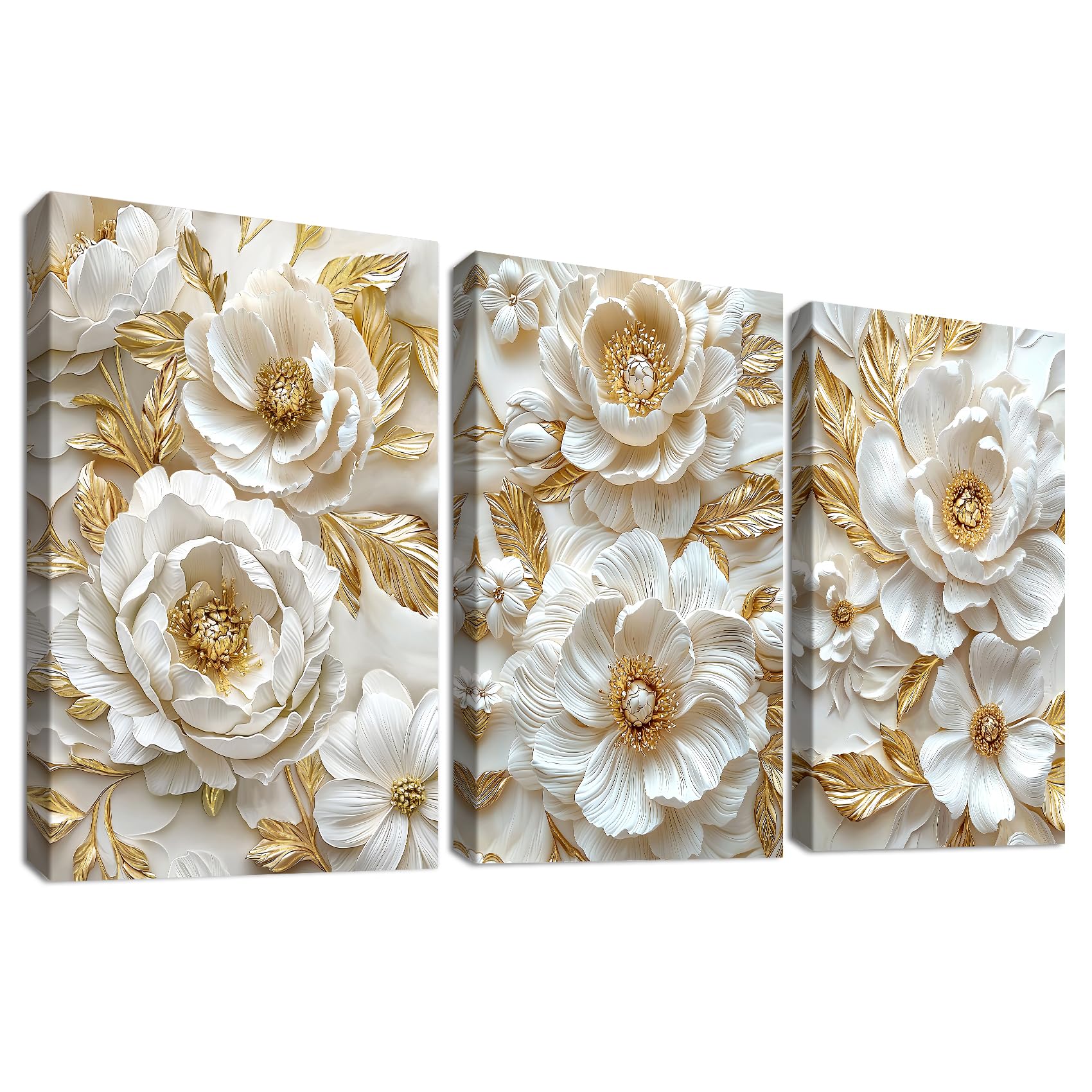 3Pcs Beige Oro Fiori di Peonie 3D Stampa su tela Con Cornice Cammeo floreale di lusso Pittura Quadri su tela Quadri Moderni Quadro Moderno Bagno Camera da Letto Soggiorno Decorazioni Murale 30x40cm x3