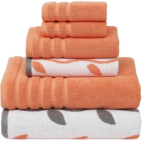 Modern Threads Organic Vines 6-Piece 100% Cotton Towel Set – Yarn Dyed Jacquard & Solid – Includes 2 Bath Towels, 2 Hand Towels, 2 Washcloths – Absorbent, Quick Dry, Soft & Durable – Orange