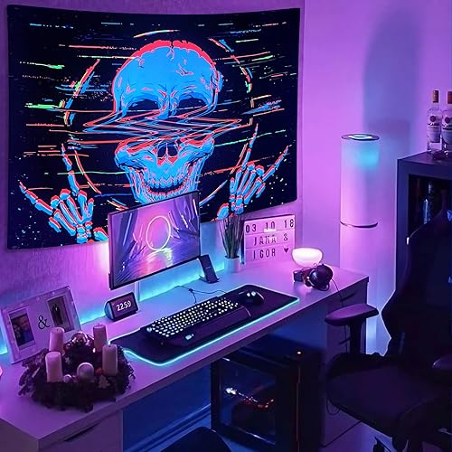 Miniatura 8 de Faxdong Tapiz de calavera con luz negra, tapiz de esqueleto hippie reactivo a los rayos UV, tapiz de roca y rollo para decoración de dormitorio, 36