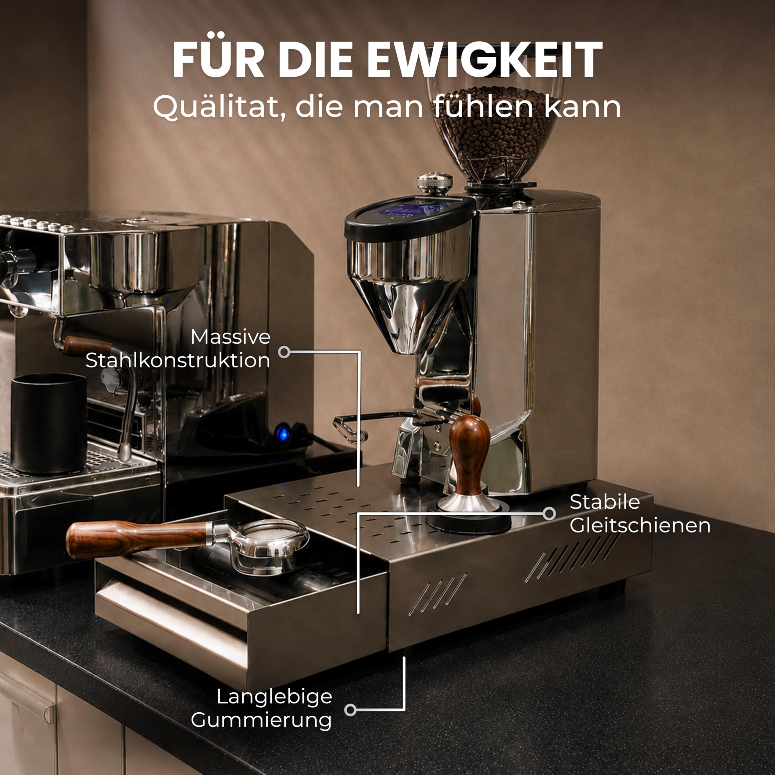 scarlet espresso | Tiroir à sud « Professional » pour marc de café, récipient à égouttoir pour porte-filtre, bâton en caoutchouc, acier inoxydable/revêtu par poudre, 250 x 350 x 80 mm (noir)