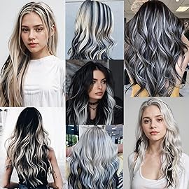 12 PCS Black Hair Extensions Clip in, Colored Party Highlights Extension for Girls Women Synthetic Hairpiece Straight 22 inch