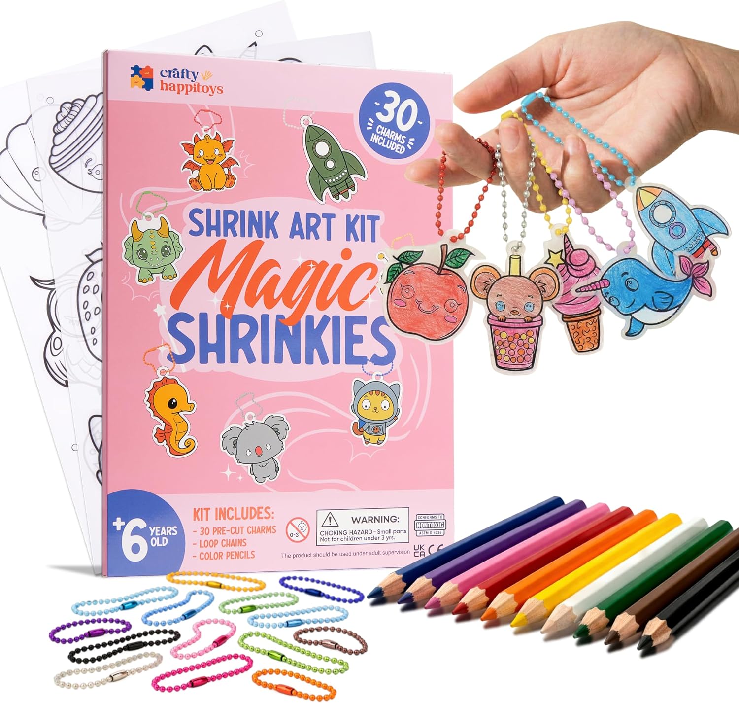 CRAFTY HAPPITOYS Shrink Art Sheets – Craft Kit for Kids – Art and Craft for Kids – Shrink Plastic Sheets with 30 Pre Cut Charms – DIY Jewelry Making – Keychain Activity – Shrinky Kit 70pc
