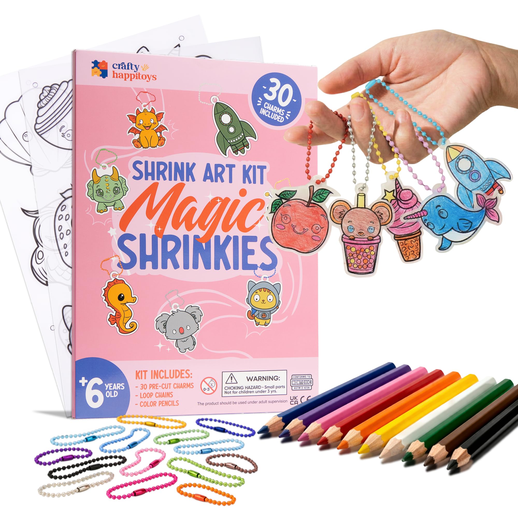 Shrink Art Sheets - Craft Kit for Kids - Shrink Plastic Sheets with 30 Pre Cut Charms - DIY Jewelry Making & Keychain Activity - Shrinky Kit 70pc - Art and Craft for Kids - 5 6 7 8 Year Old Girl Gifts