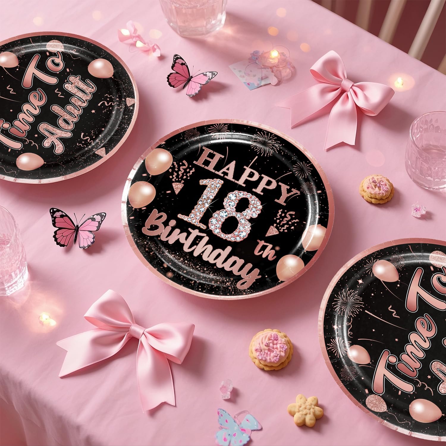 181PCS 18th Birthday Decorations for Girls Tableware Set, Rose Gold 18th Birthday Plates and Napkins Pre-strung Banner Time to Adult Party Decorations for 25 Guests