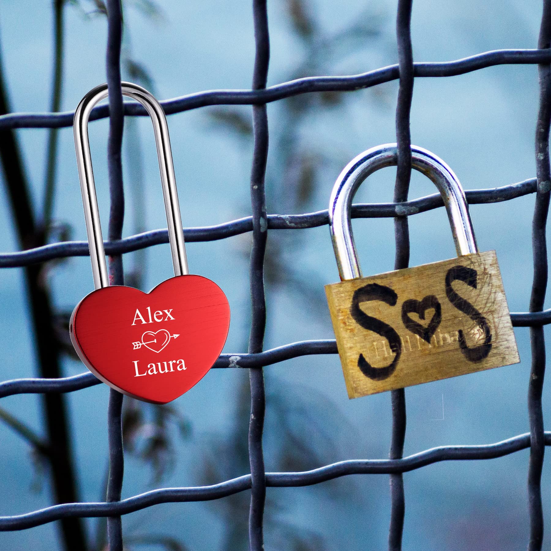 INBLUE Personalized Heart Shaped Love Lock Custom Name Date for Couple Boyfriend Girlfriend Him & Her Love Bridge Aluminum Padlock Valentine Lover Gift Red