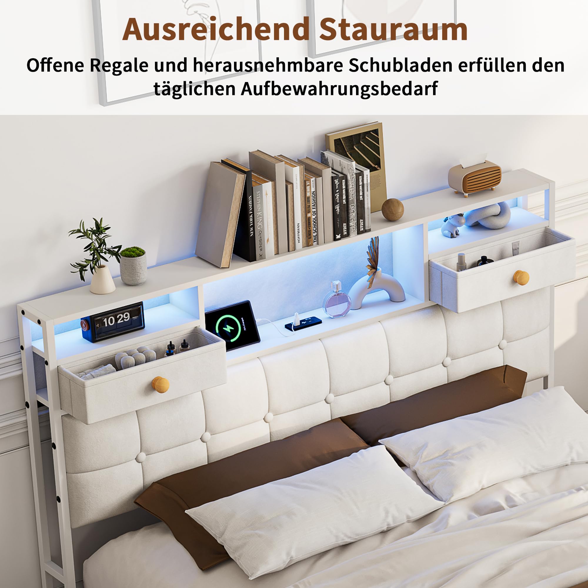 Łóżko tapicerowane 160 x 200 cm, podwójne łóżko z oświetleniem LED i przyłączem USB, nowoczesne łóżko do przechowywania z miejscem do przechowywania, zagłówkiem i 4 szufladami, łóżko młodzieżowe ze