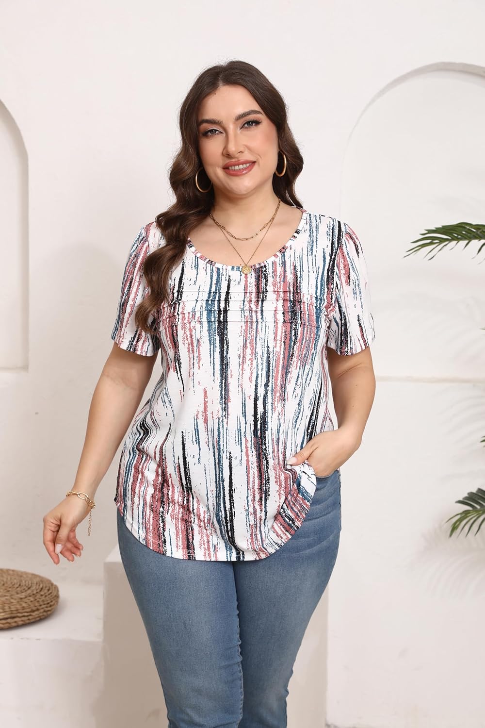 HBEYYTO Womens Plus Size Summer Tops Short Sleeve Pleated T Shirts Casual Scooped Neck Flowy Loose Floral Blouses 1X-5X - Image 3