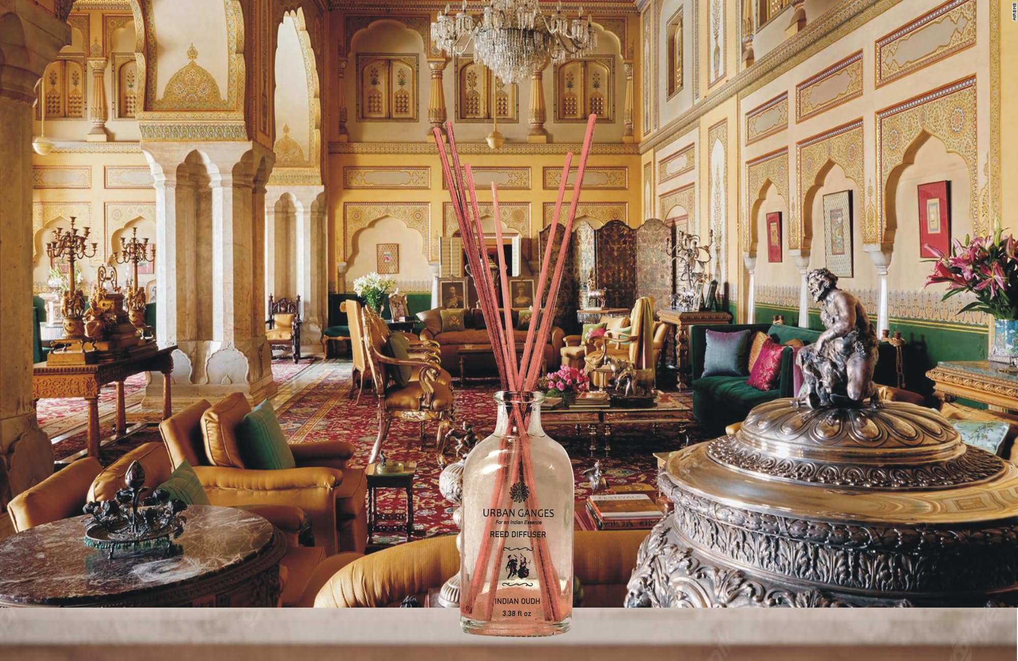 Urban Ganges Reed Diffuser | Indian Oud | Made with Oud Essential Oil | Luxurious Reed Diffuser | Handpoured in India | 3.38 fl oz | Includes Fibre Reed Sticks