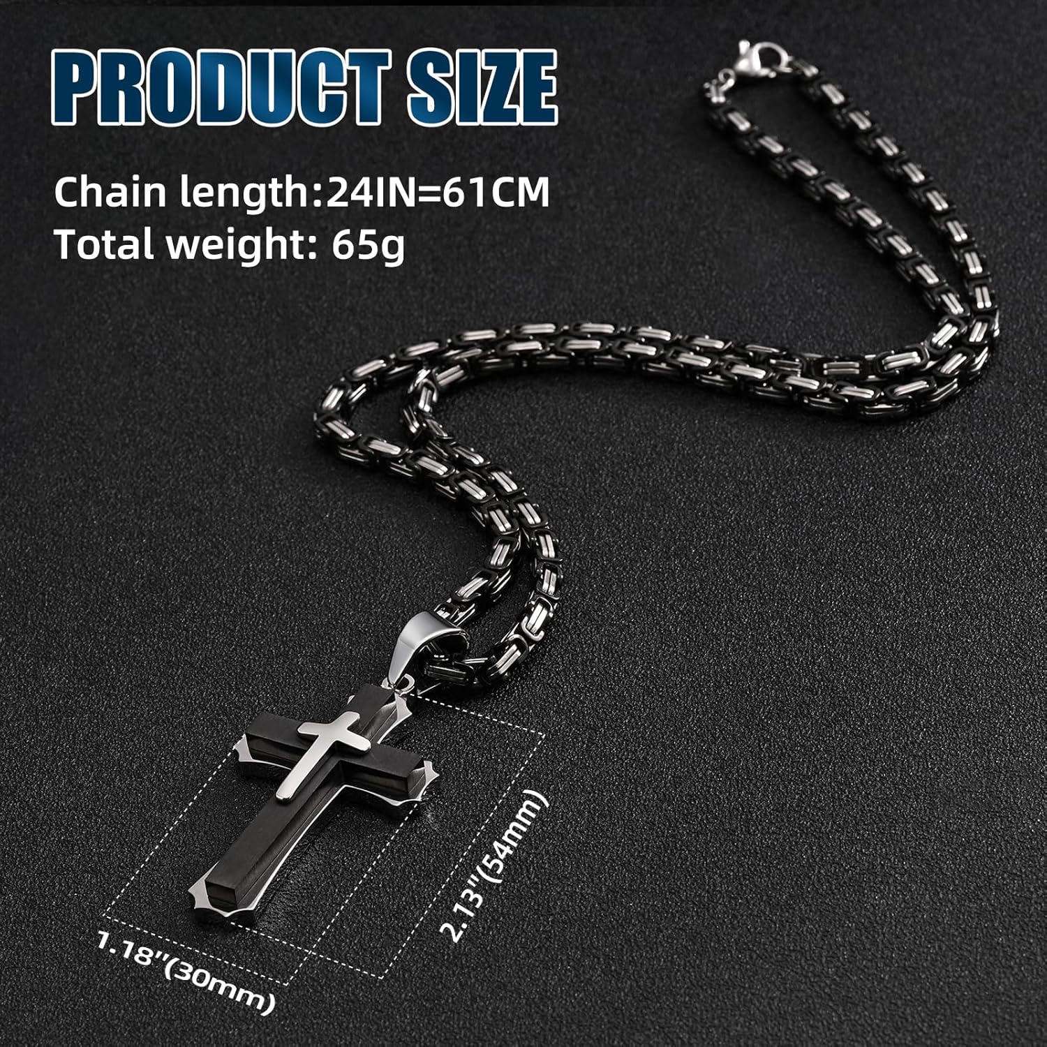 Byzantine Cross Necklace for Men, Black Silver Stainless Steel Cross Chain Pendant Necklace Masculine Chunky Sturdy Mens Christian Jewelry Gift 22/24 Inch - Image 3